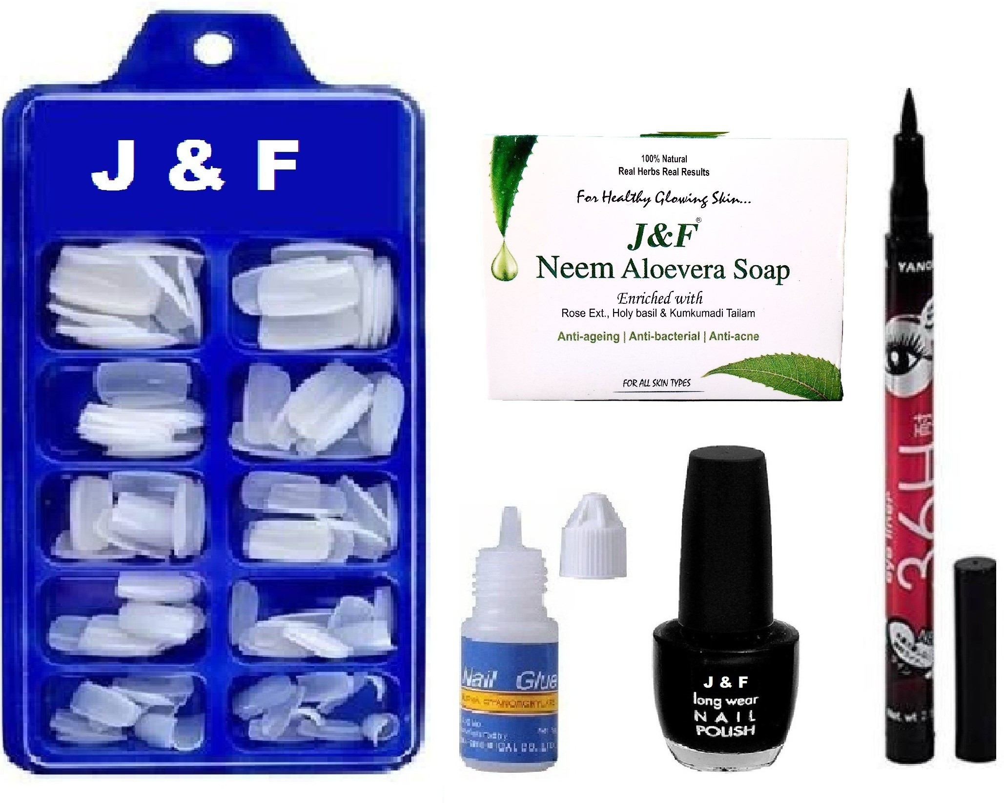 j & f Artificial Nails With Glue & Black Nail Paint ,36 Hours Eyeliner , Neem Soap image 1
