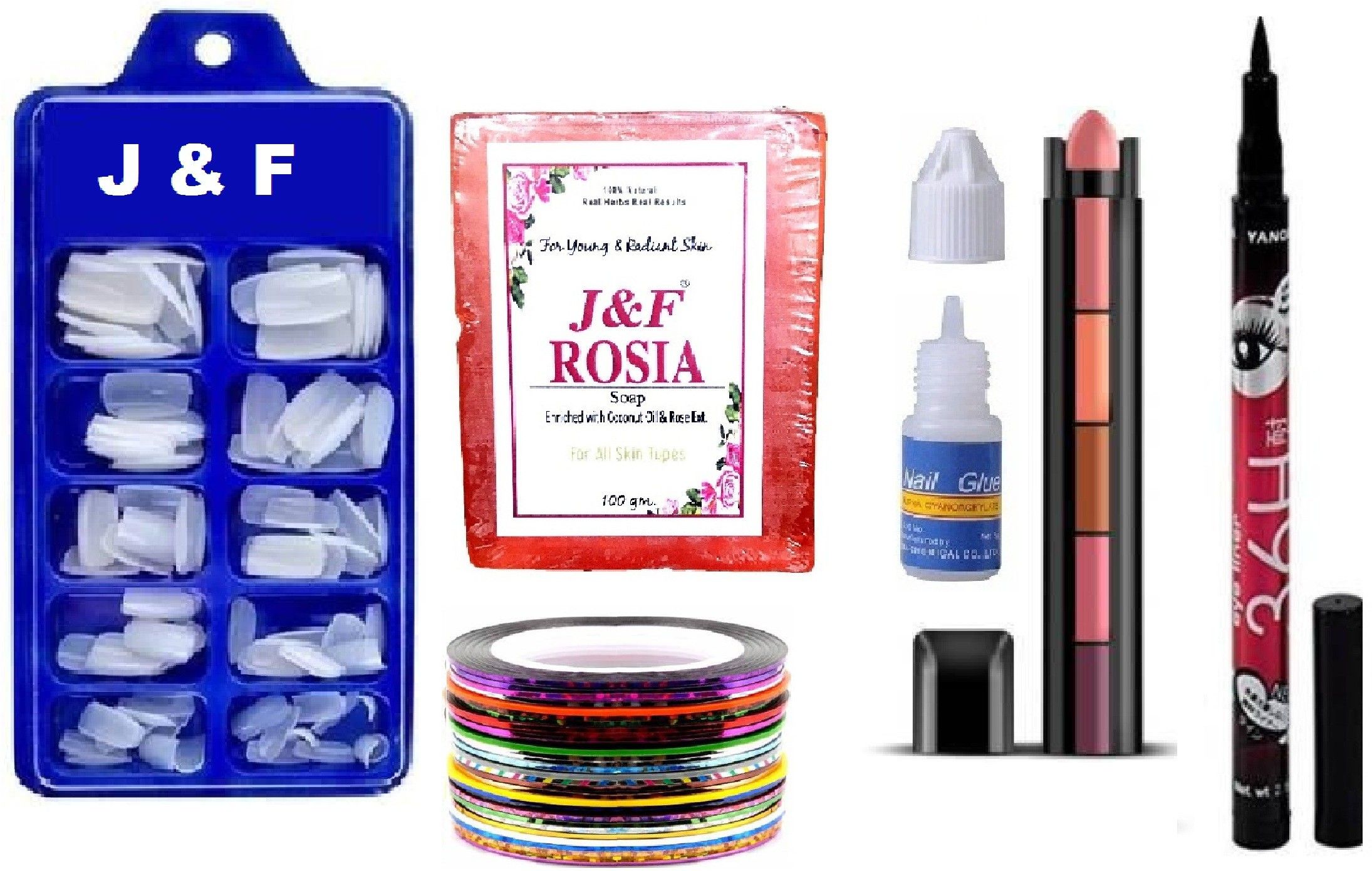 hinshitshu Fake Nails, GLue ,5 Nail tape , 5 in 1 Nude Lipstick , 36 Hours Eyeliner , Rose Soap-picture-15