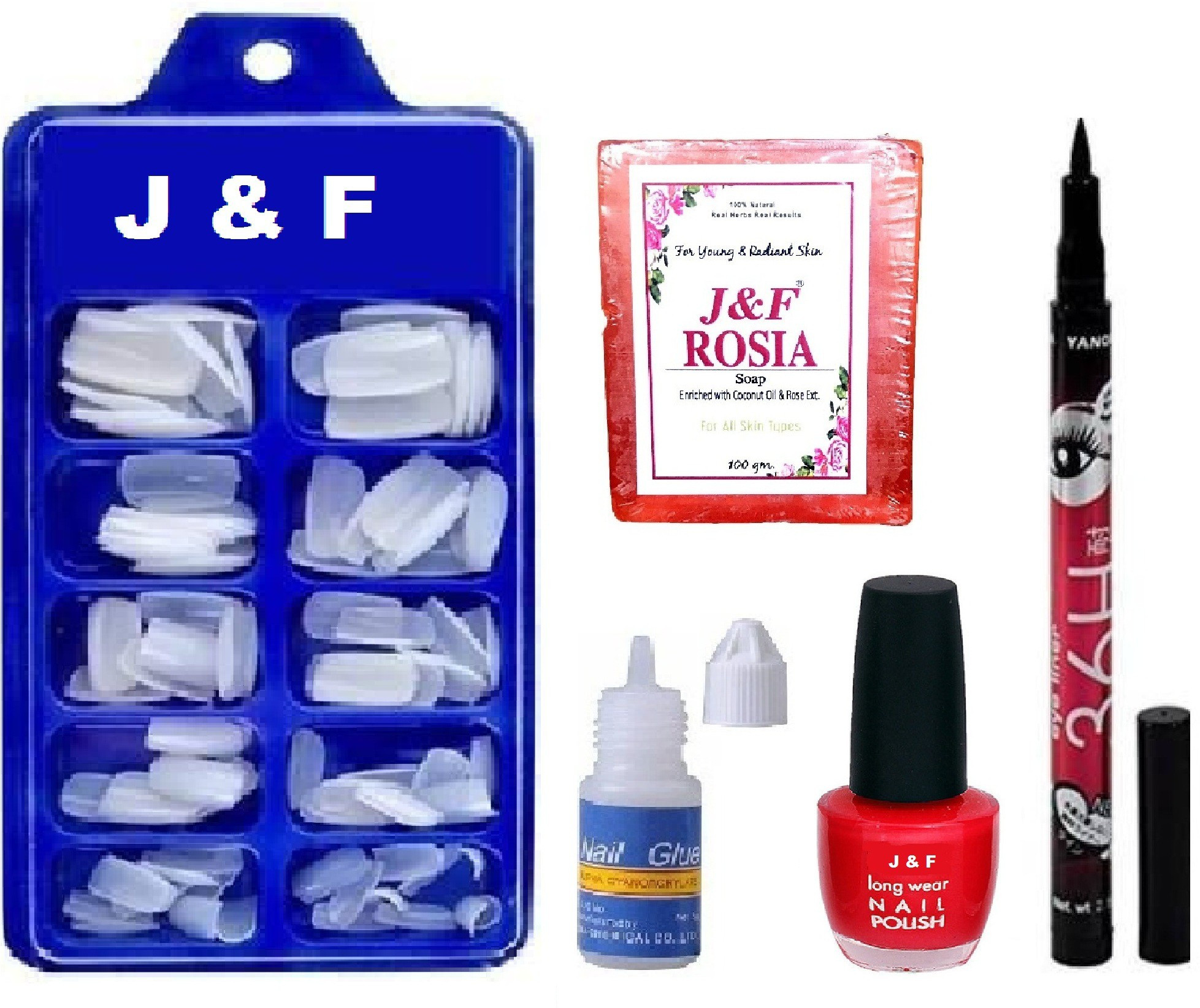 j & f Artificial Nails With Glue & Red Nail Paint ,36 Hours Eyeliner ,Rose Soap image 1