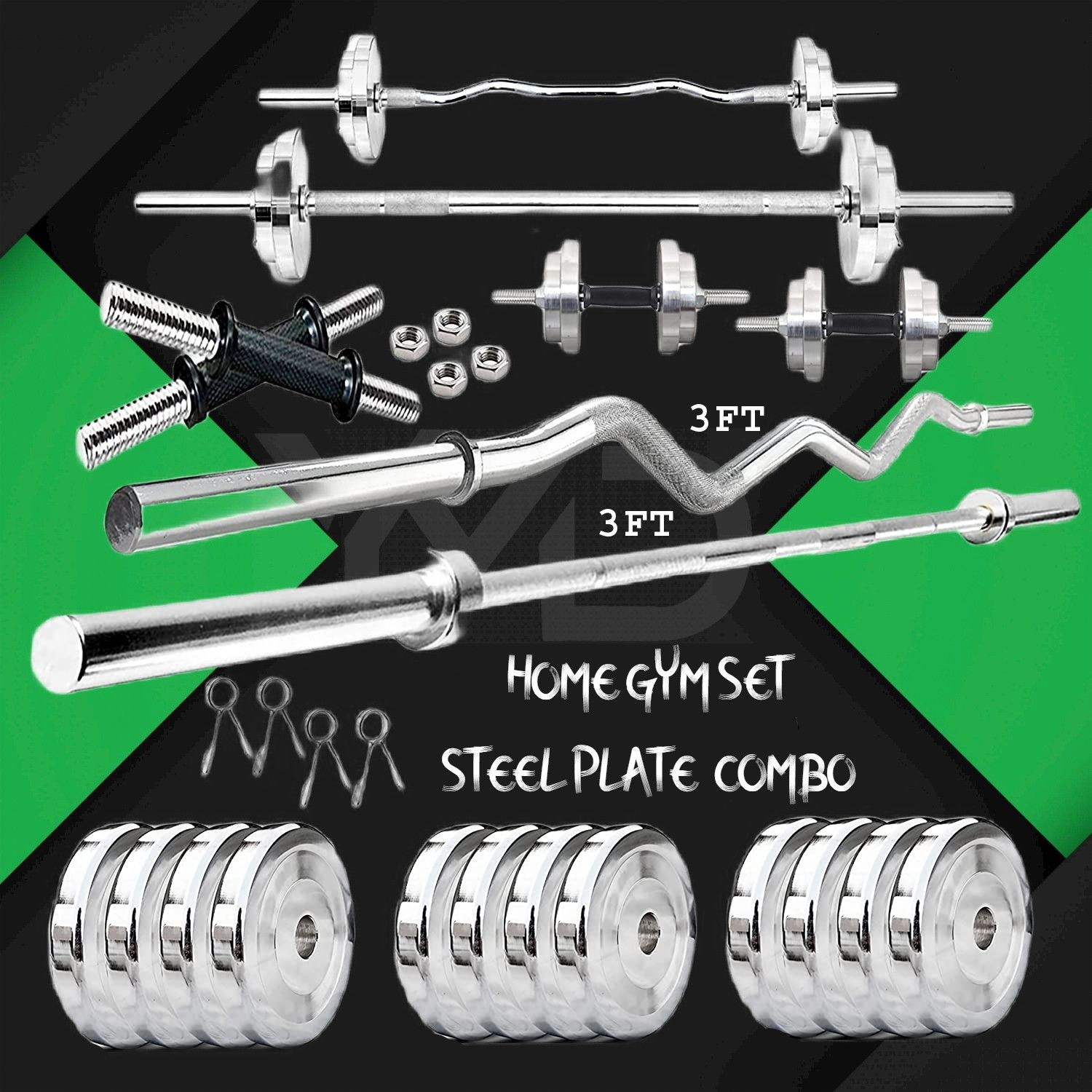 10 kg Steel Plates (2.5KGX4) 3FT Curl & 3FT Straight 28mm Rod 2 Dumbbell Rod Home Gym Combo-image-2