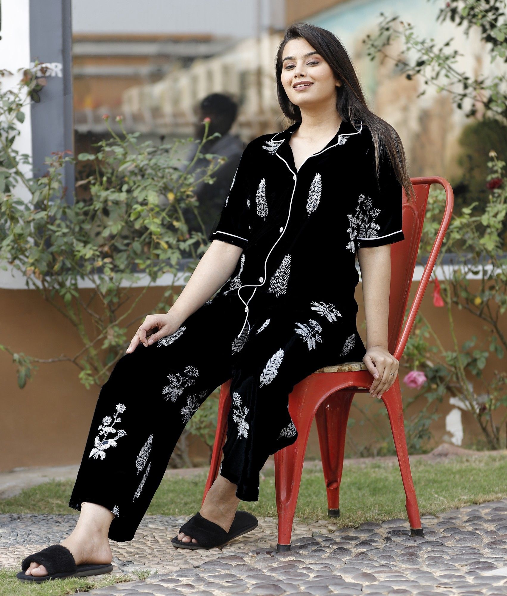 Women Shirt & Pyjama set Black Printed