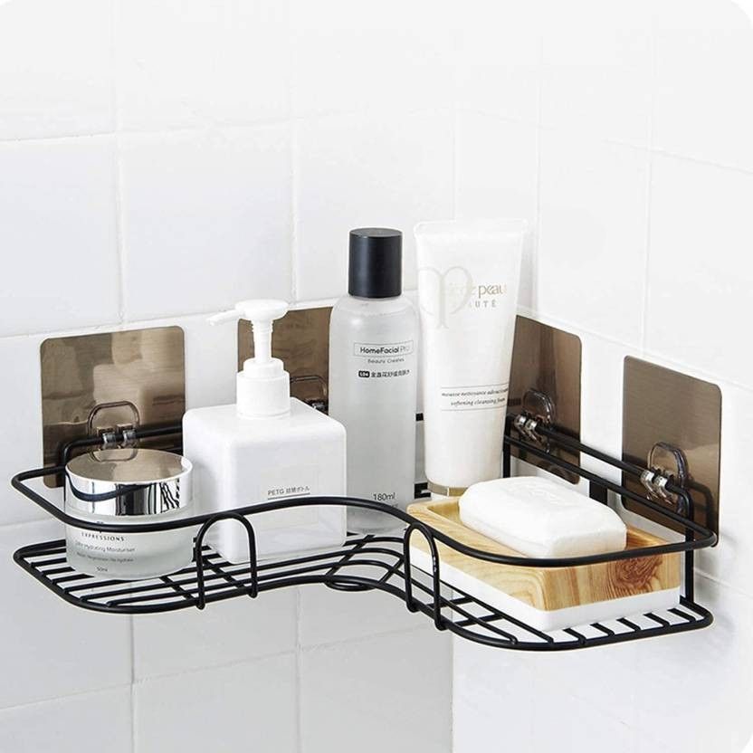 Bathroom Corner rack With 4 Sticker, Kitchen Storage Stainless Steel Wall Shelf-image-44