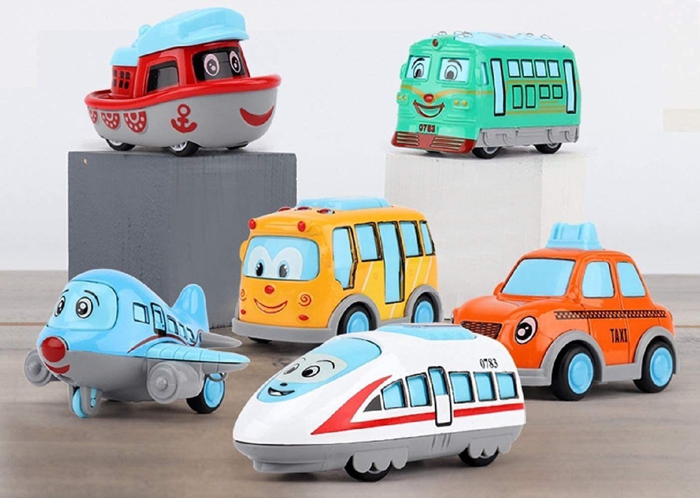 Die-Cast Metal Pull Back Mini Car Set of 6 Train, Bus, Taxi, Tram, Plane & Ship.