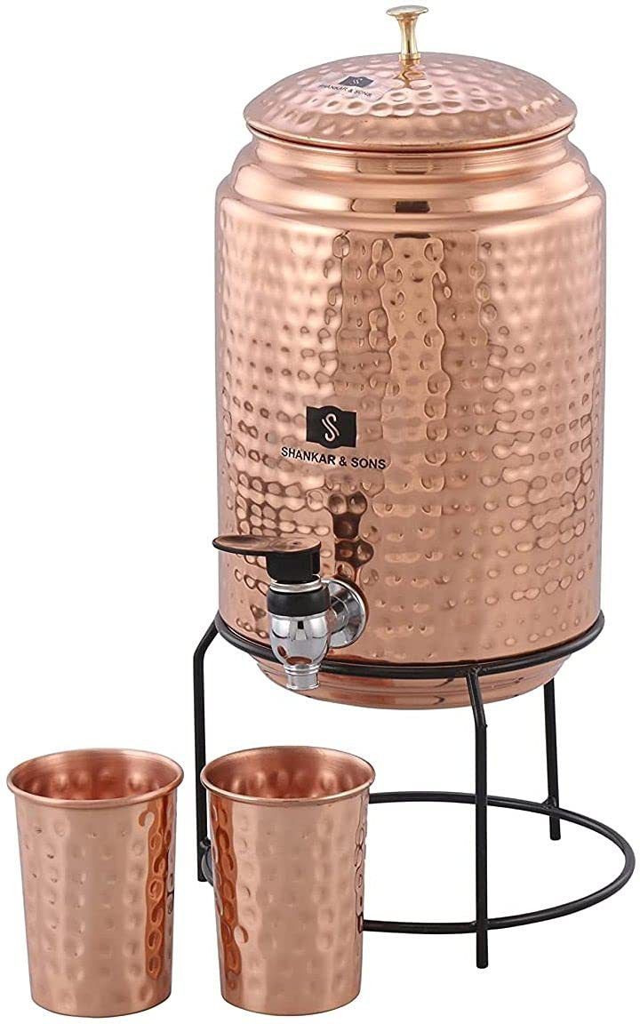 5 Litre Copper Hammered Water Dispenser Matka with 2 Glass and Stand 5000 ml Bottom Loading Water Dispenser-image-27