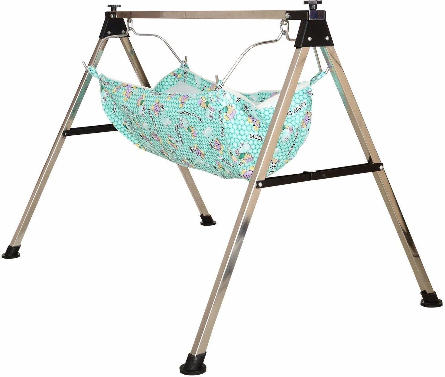 Baby Boy's and Girl's Portable Folding Swing Baby Cradle Ghodiyu Palna with Hammock Having Mosquito Net, Square, Steel (Pack of 1) (Black, Silver)-image-48