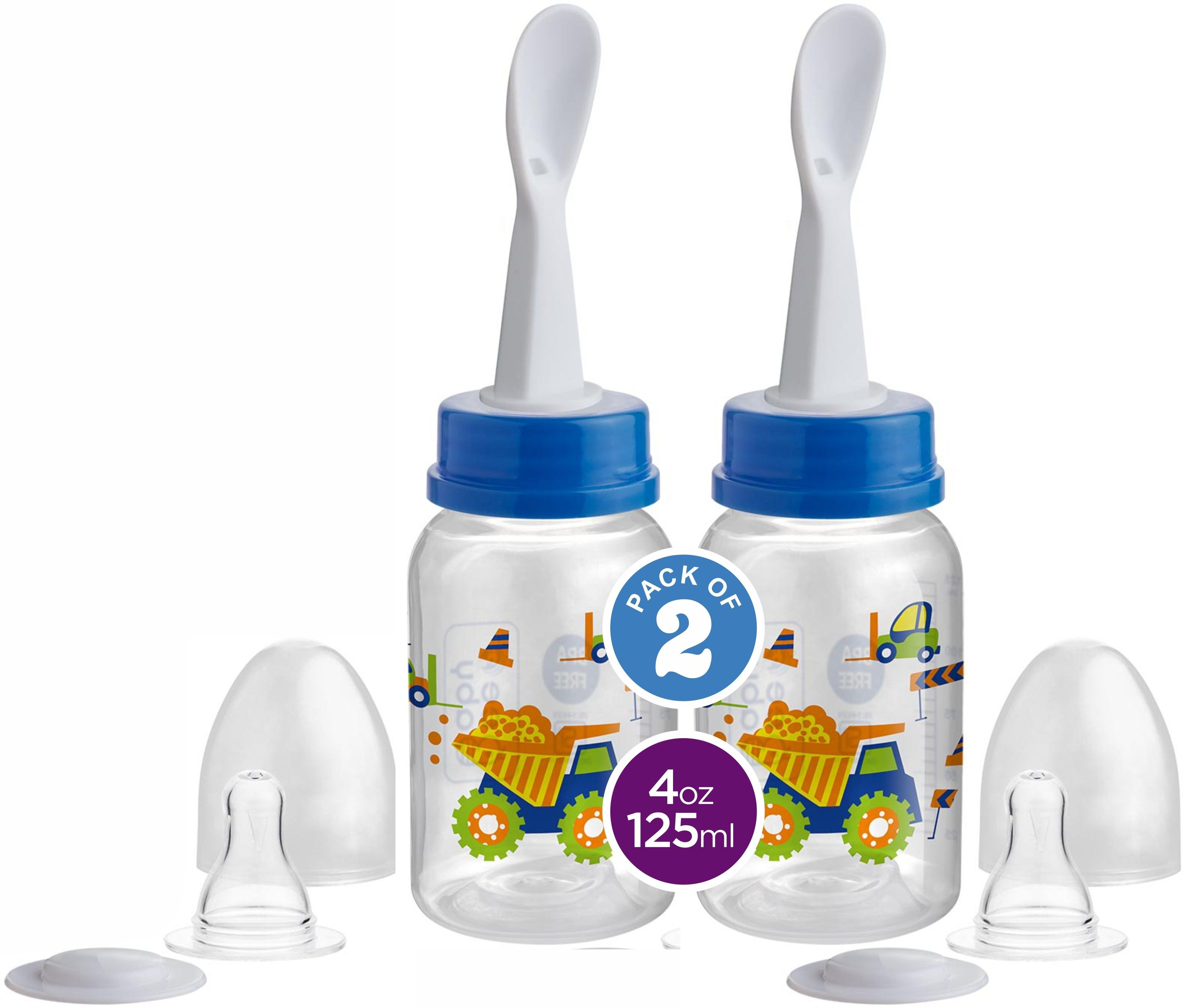 beebaby Gentle 2 in 1 Baby Feeding Bottle with Plastic Feeder Spoon. 2 Pack (Blue) 4M+ - 125 ml-picture-19