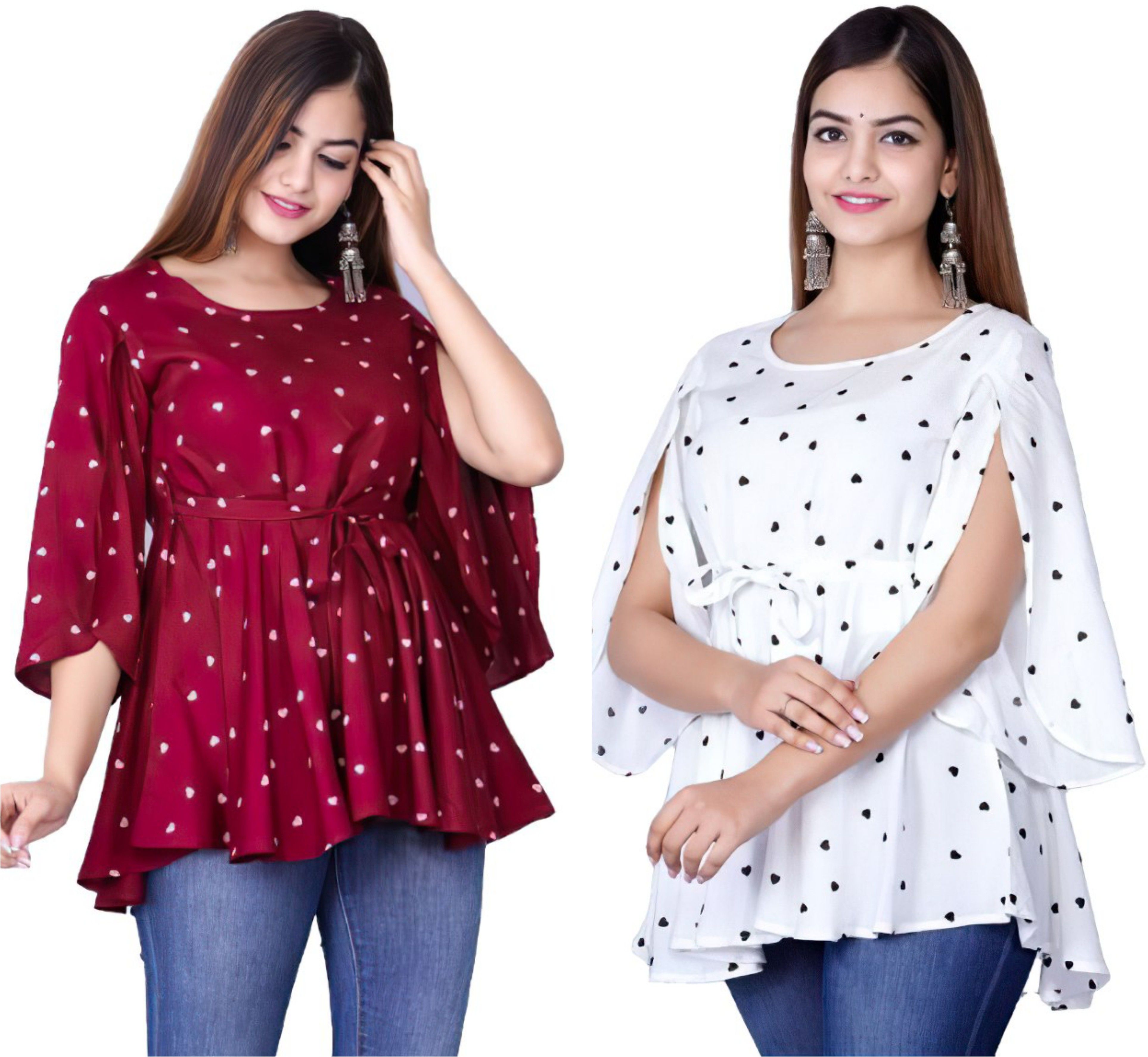 Pack of 2 Party Butterfly Sleeves Printed, Polka Print Women Maroon, White Top-image-15