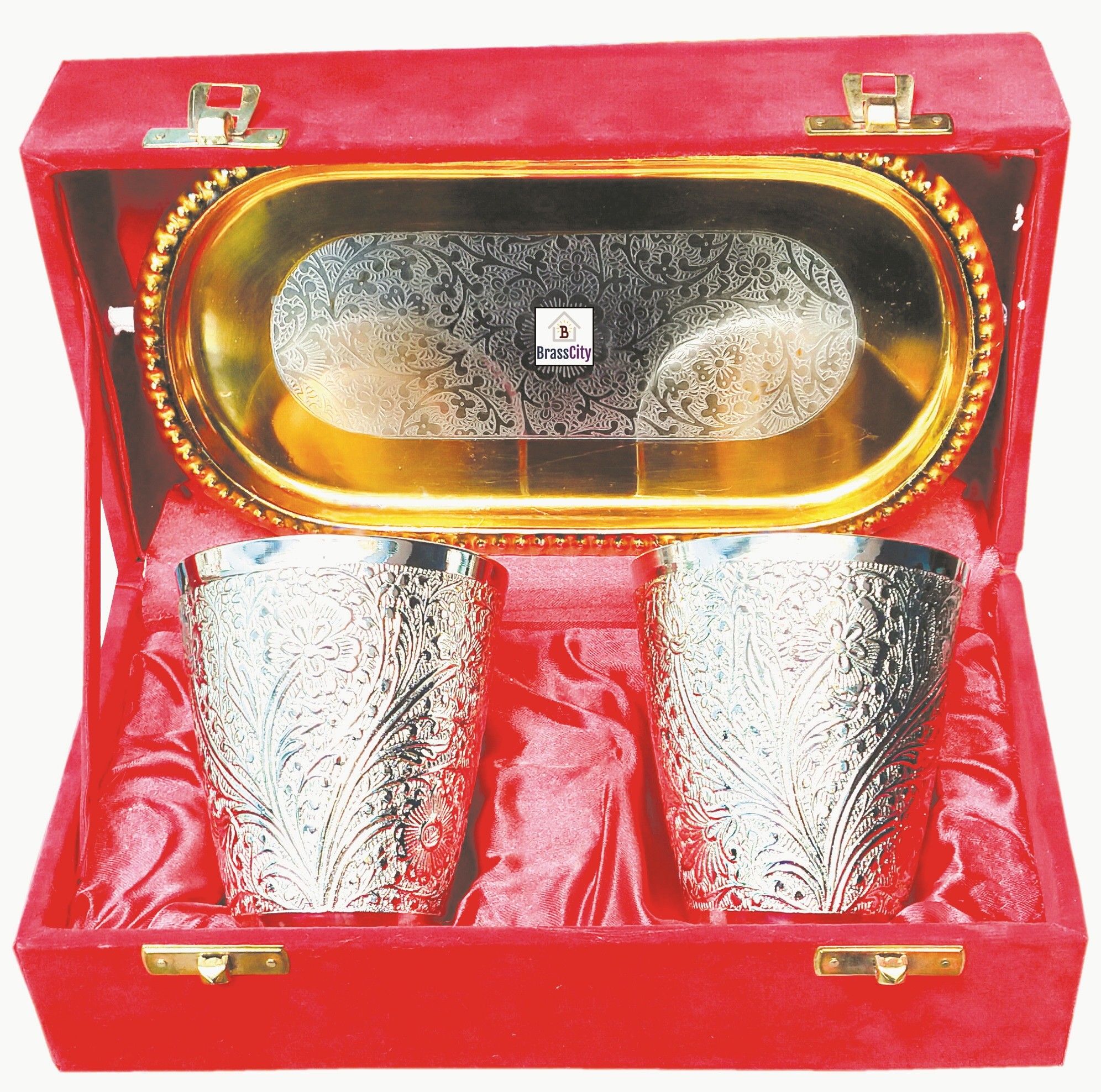 Pure Brass glass Set of 2 pieces 2 Glasses 1 Tray Packed in a red Velvet Box Glass Tray Set-image-41
