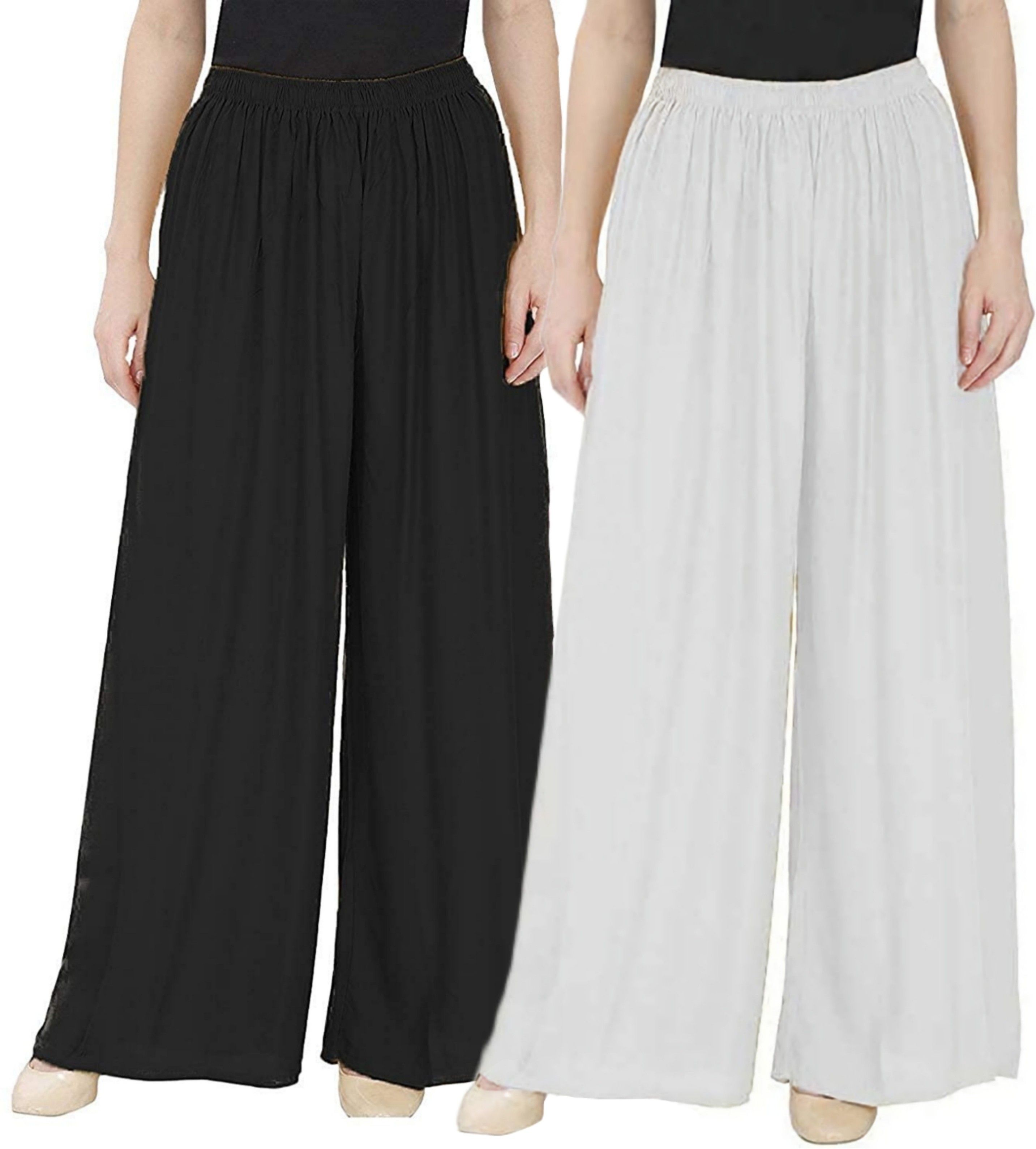 Pack of 2 Women Flared Black, White Viscose Rayon Trousers-image-37