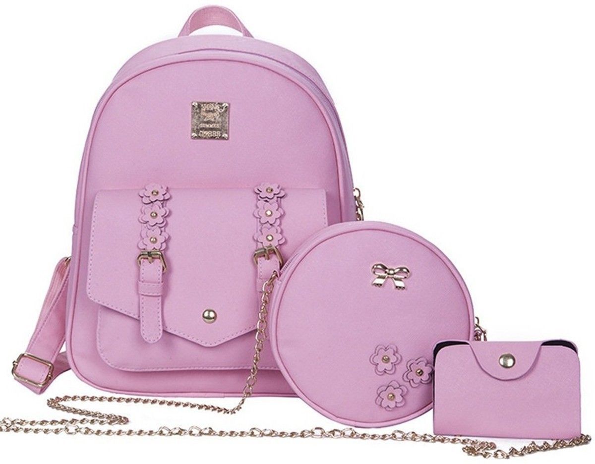 Set Of 3 Pcs Leather Women's Backpacks Rivet Pendant Bear Women Shoulder Fashion Backpacks for Teenage Girls With Purses-Pink Waterproof Backpack