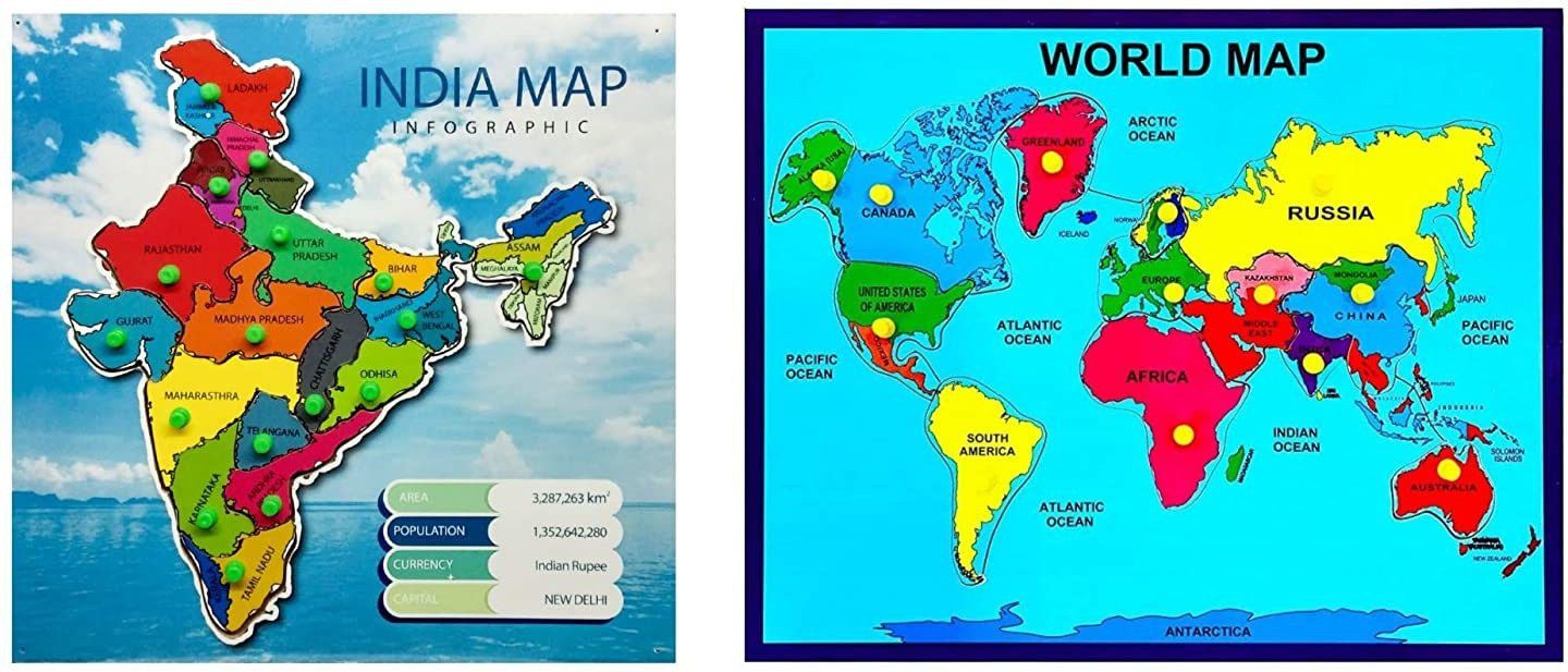 Set of Colorful World Map & India Map Wooden Puzzles with Knobs