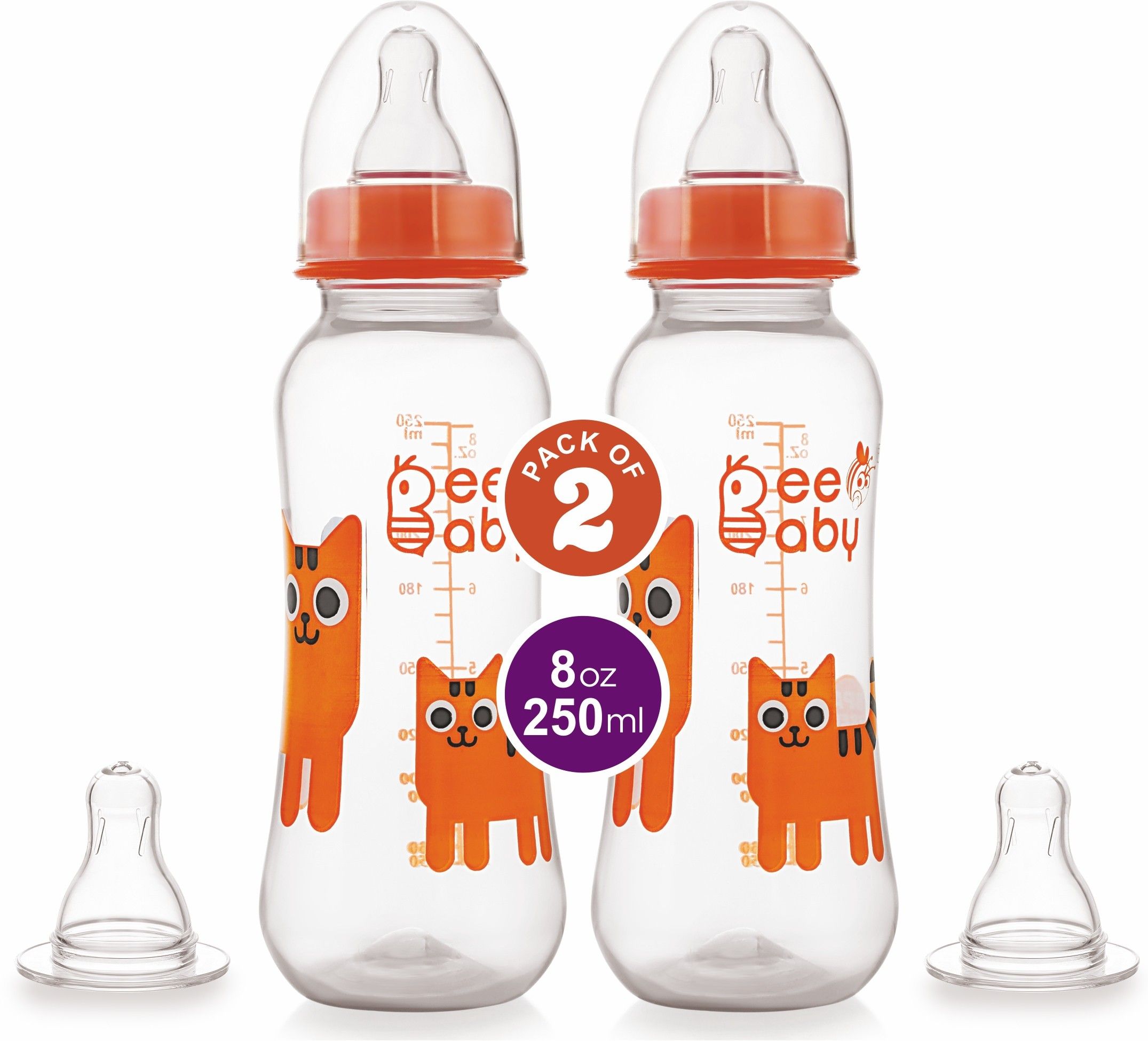 Easy-Start Feeding Bottle with 4 Nipples, Pack of 2, BPA Free, 8M+, (Orange) - 250 ml-image-31