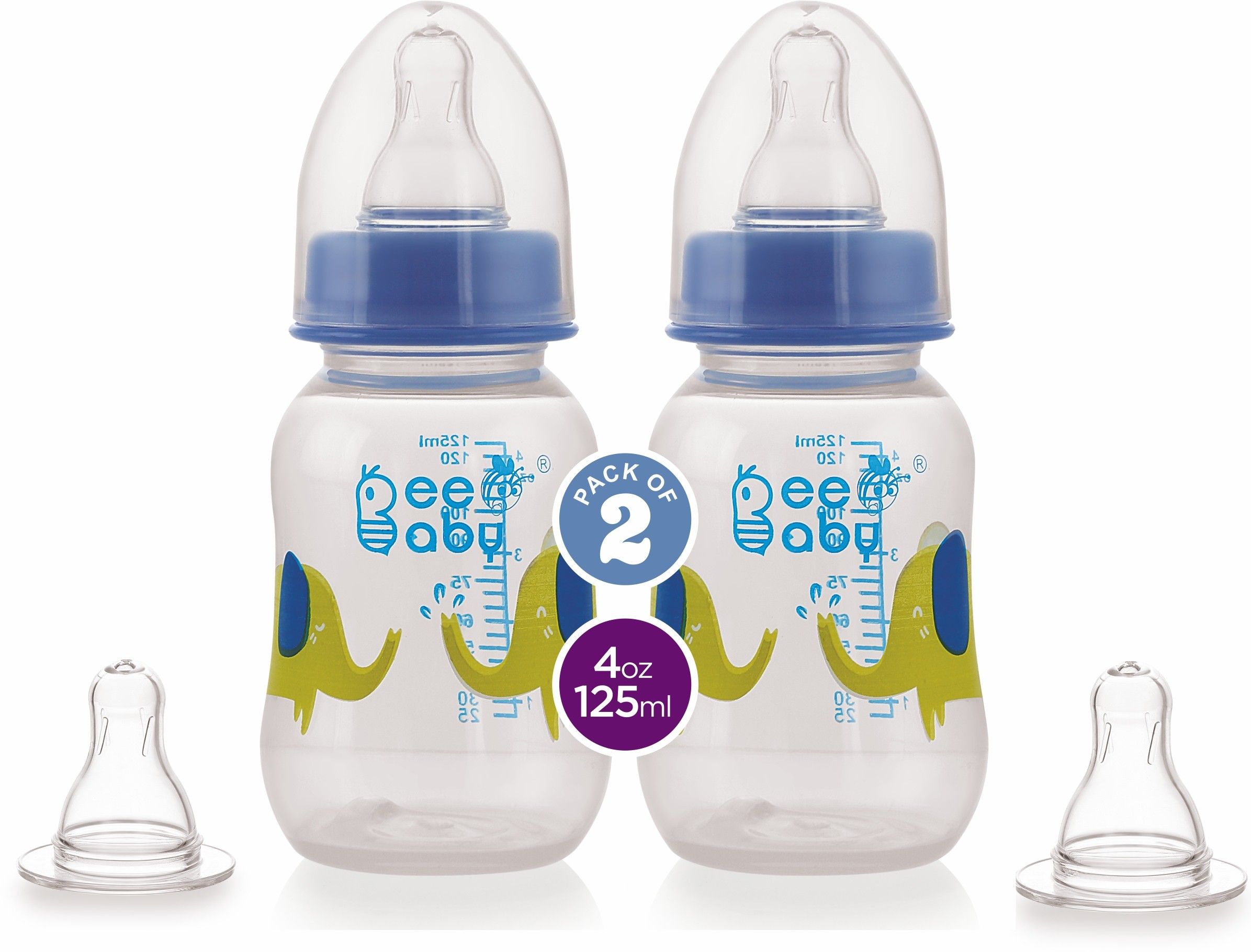 beebaby Easy-Start Feeding Bottle with 4 Nipples, Pack of 2, BPA Free, 4M+, (Blue) - 125 ml-picture-30