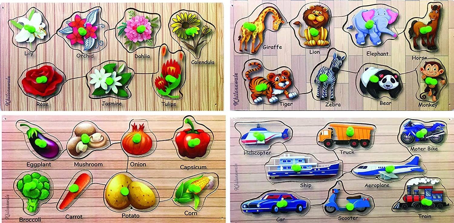 khilonewale Combo of 4 Wooden Puzzle Board ~ Animal, Transport, Vegetables, Flower-picture-16