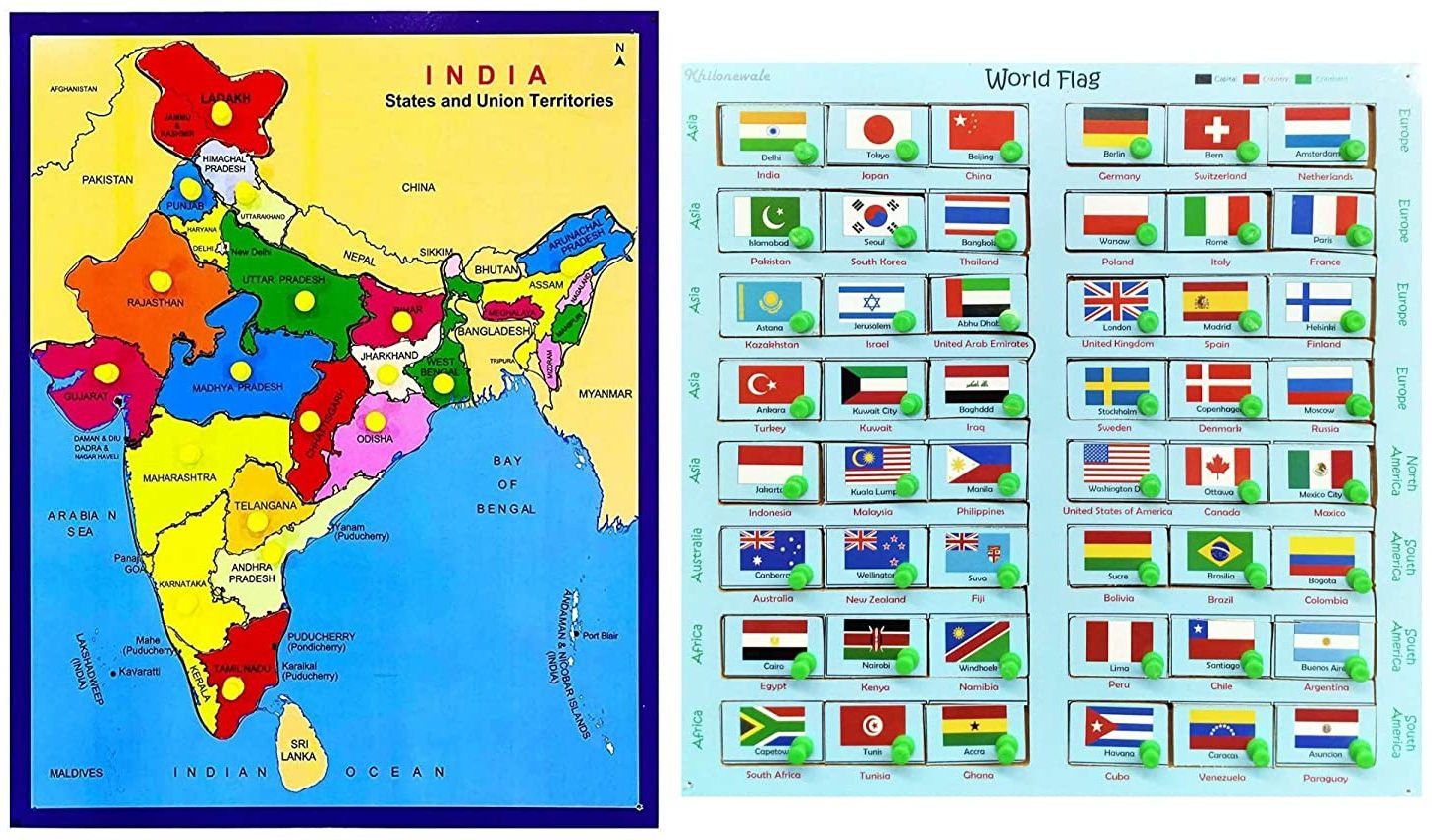 Wooden Puzzles Set of Wooden 48 Country Flags & India Map with Knobs