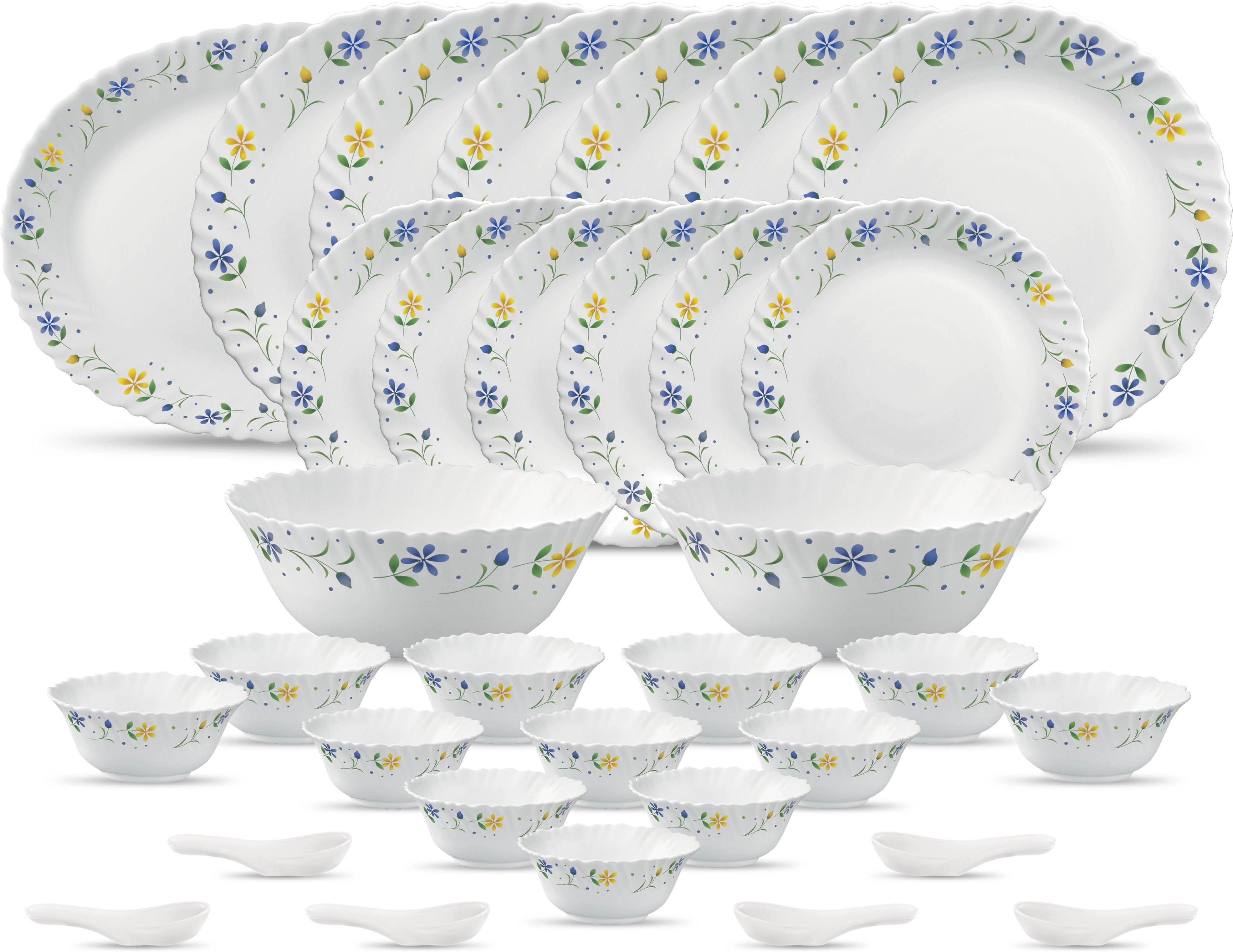 Pack of 33 Opalware present Diva Classique TWILIGHT BOUQUET dinner set{{Dinner plate 11"(6 pcs) || Quarter plate (6 pcs) || Oval platter (1 Pcs) || Veg bowl (6 Pcs) || Soup Bowl (6 pcs) || Spoon (6 pcs) || Serving bowl medium (2 Pcs)}} Dinner Set-image-16