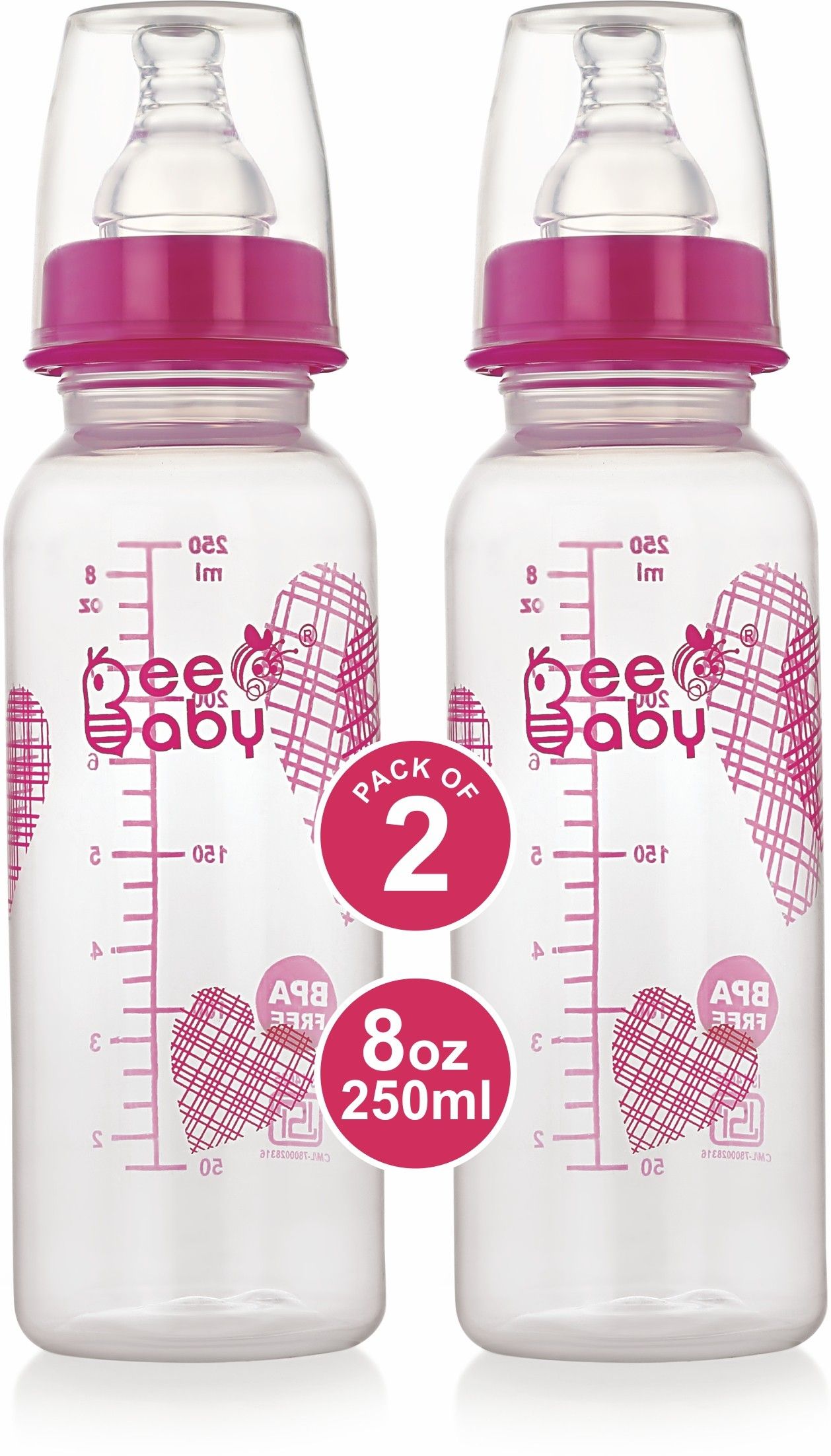 beebaby Basic Slim Neck Baby Feeding Bottle with Anti-Colic Nipple, BPA FREE, 8M+ - Pink - 250 ml-picture-11
