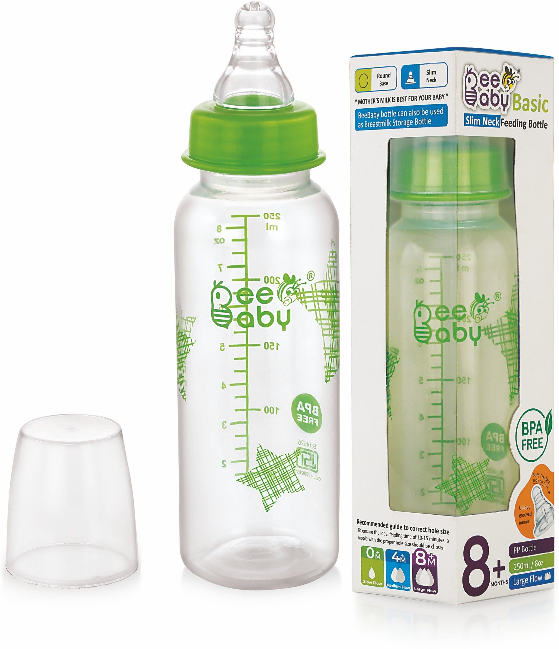 beebaby Basic Slim Neck Baby Feeding Bottle with Anti-Colic Nipple, BPA FREE, 8M+, Green - 250 ml-picture-15