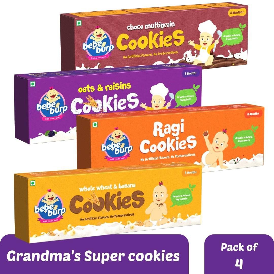 Baby Cookies Pack of 4-150g (Choco Multigrain,Oats & Raisins,Ragi,Whole Wheat) Baby Snacks 600 g
