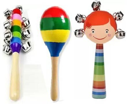 Colorful Wooden Rainbow Handle Jingle Bell Rattle Toys Pack of 3 Rattle