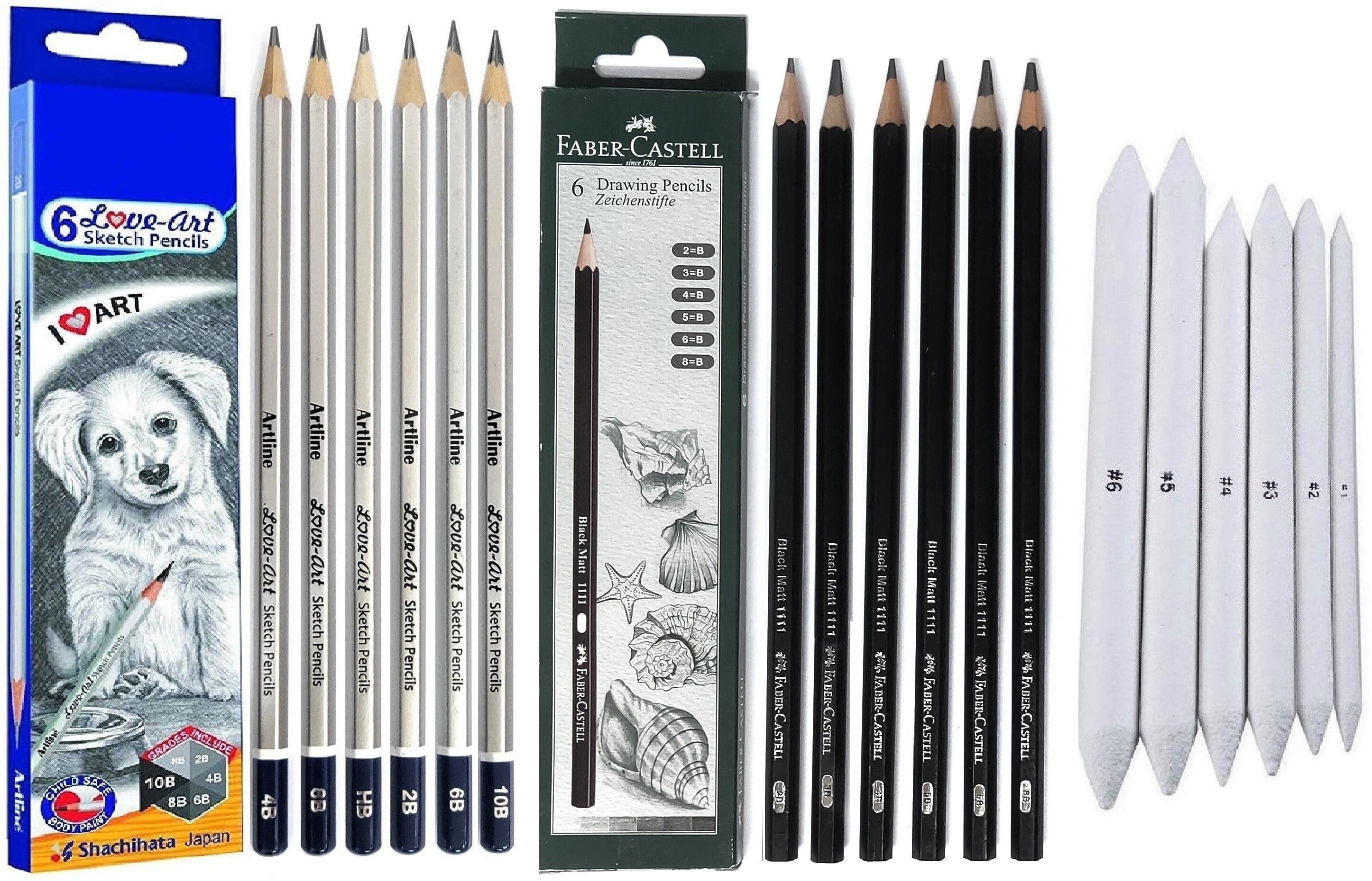 ARTLINE 6Pc Sketch Pencils + 6Pc Blending Stumps + FABER CASTELL 6Pc Drawing Pencil-image-28