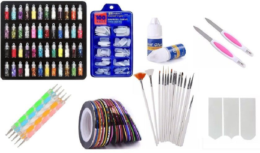 Nail Art Kit 48 Pcs Glass Bottles Glitter Stones,100 Nails,10 Nail Tapes, 15 brush, 5 Dotting Pen 2 Glue, 2FILLER, 3 WHITE TAPE