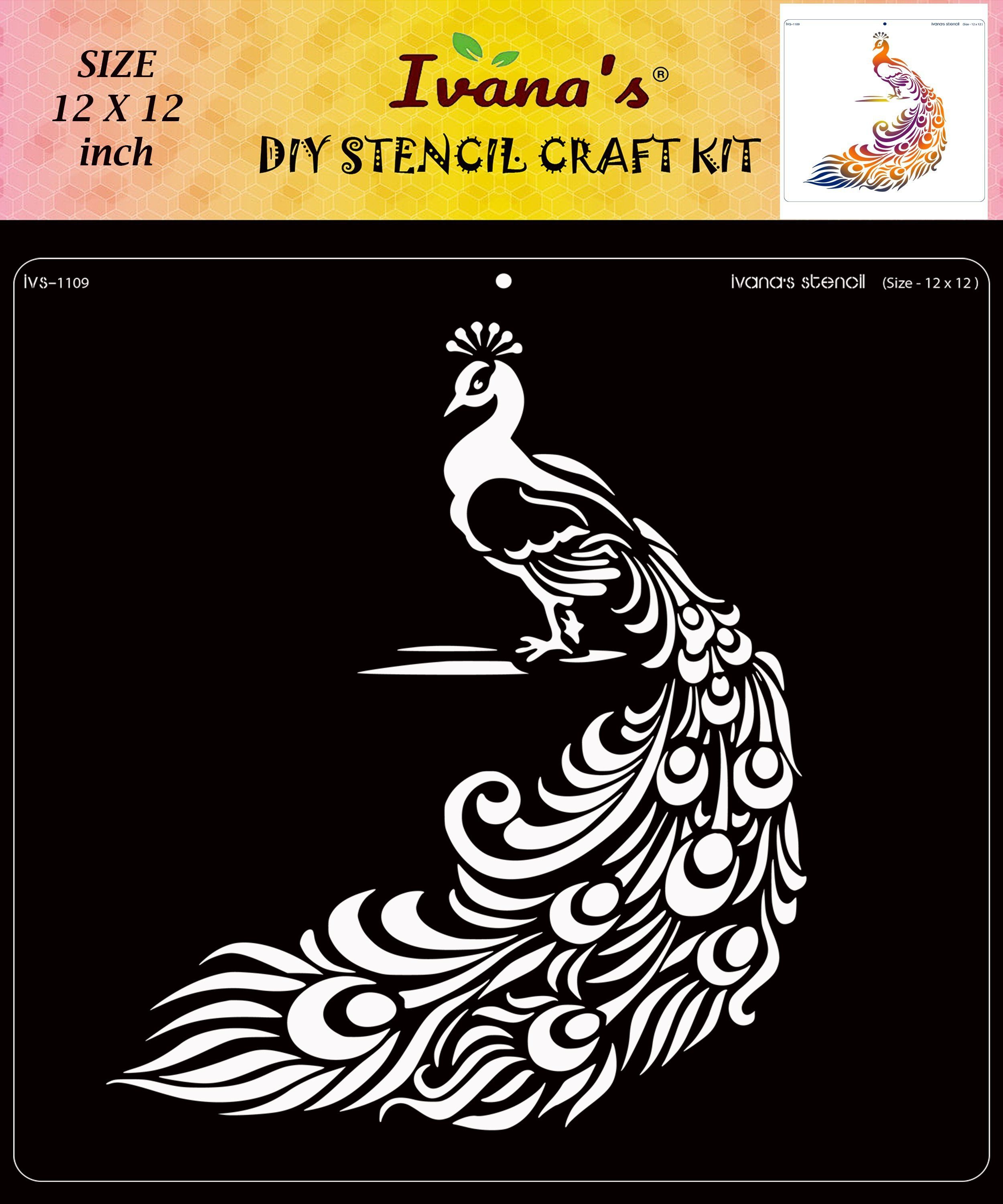 Peacock Stencil for Art & Craft , Reusable DIY Decorative Stencil IVS-1109 for Painting on Canvas, Fabric, Cloth, Paper, Glass and Wall,Size-12 x 12 inch, Stencil-image-48