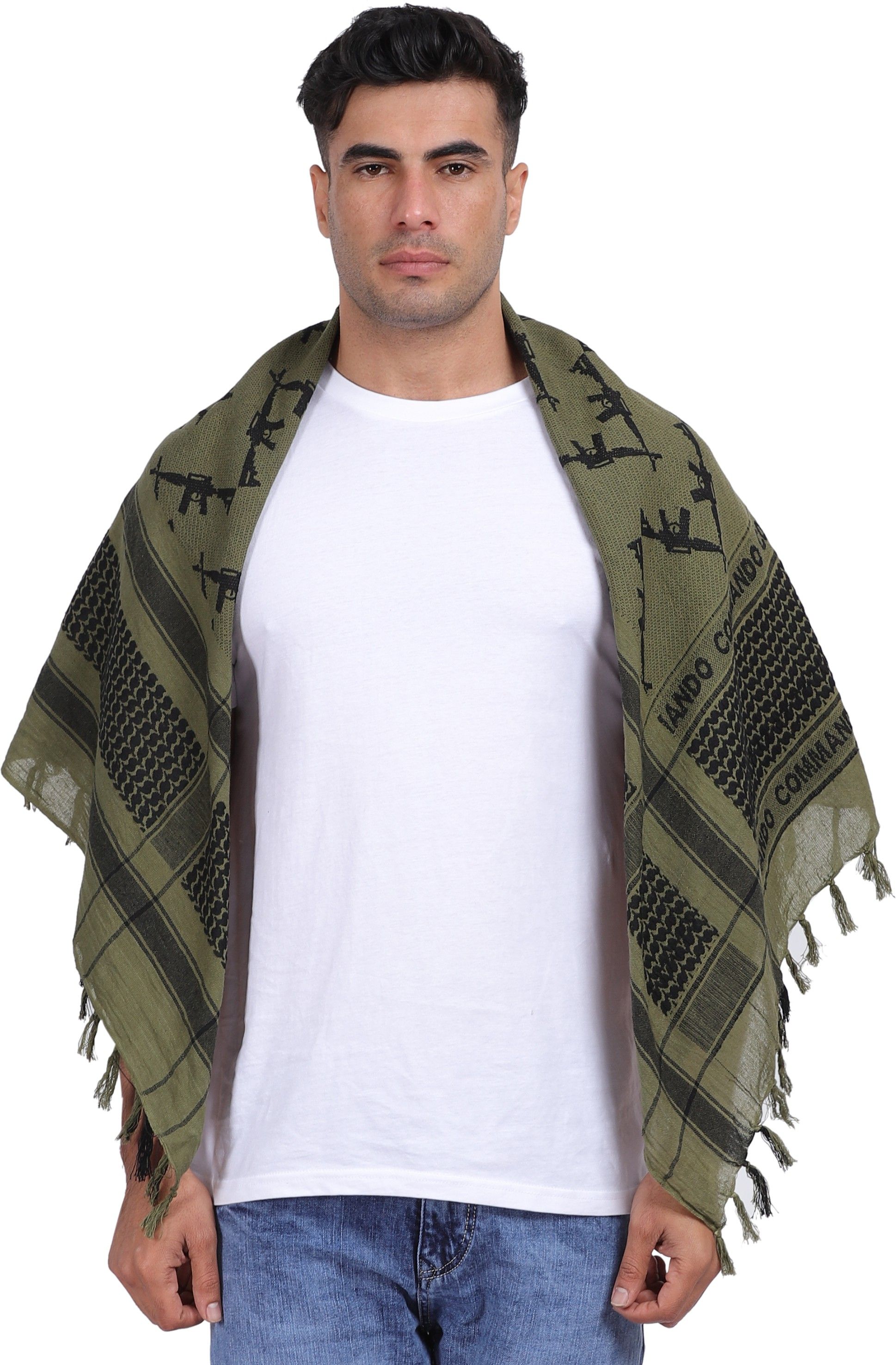 Woven, Embroidered Cotton Blend Men Dark Green Scarf