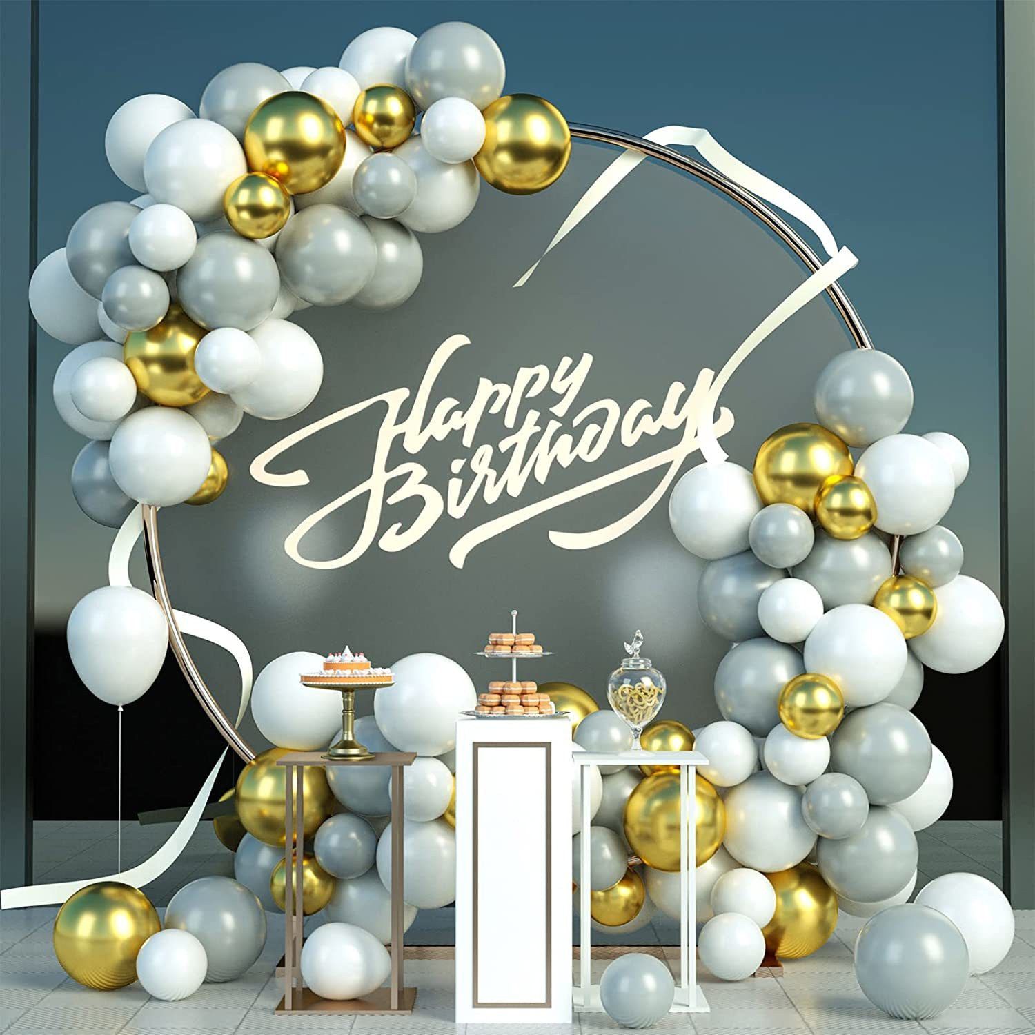 Solid Gray, golden, white balloon garland kit 65pcs for birthday, bridal shower Balloon-image-48