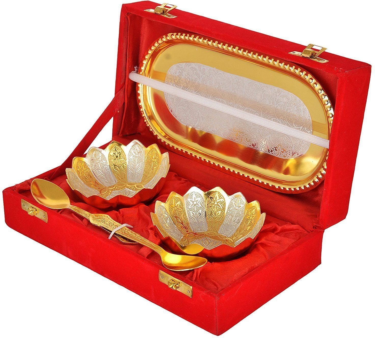 navya craft Brass Plated Designer Bowl Set with Serving Spoons And Trays (Silver And Gold) Bowl, Tray, Spoon Serving Set-picture-24