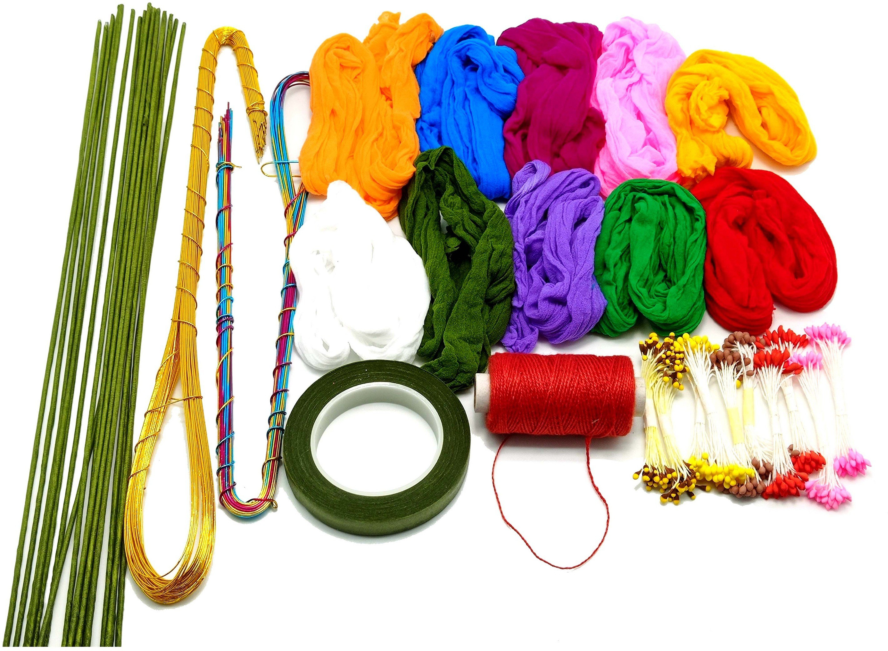 pransunita Complete Stocking Flower Making kit for Beginners - Includes Flower Making Imported Stockings Cloth, Golden, Multi & Green Hard Wires, Pollens, Floral Tape, & Tying Thread image 1