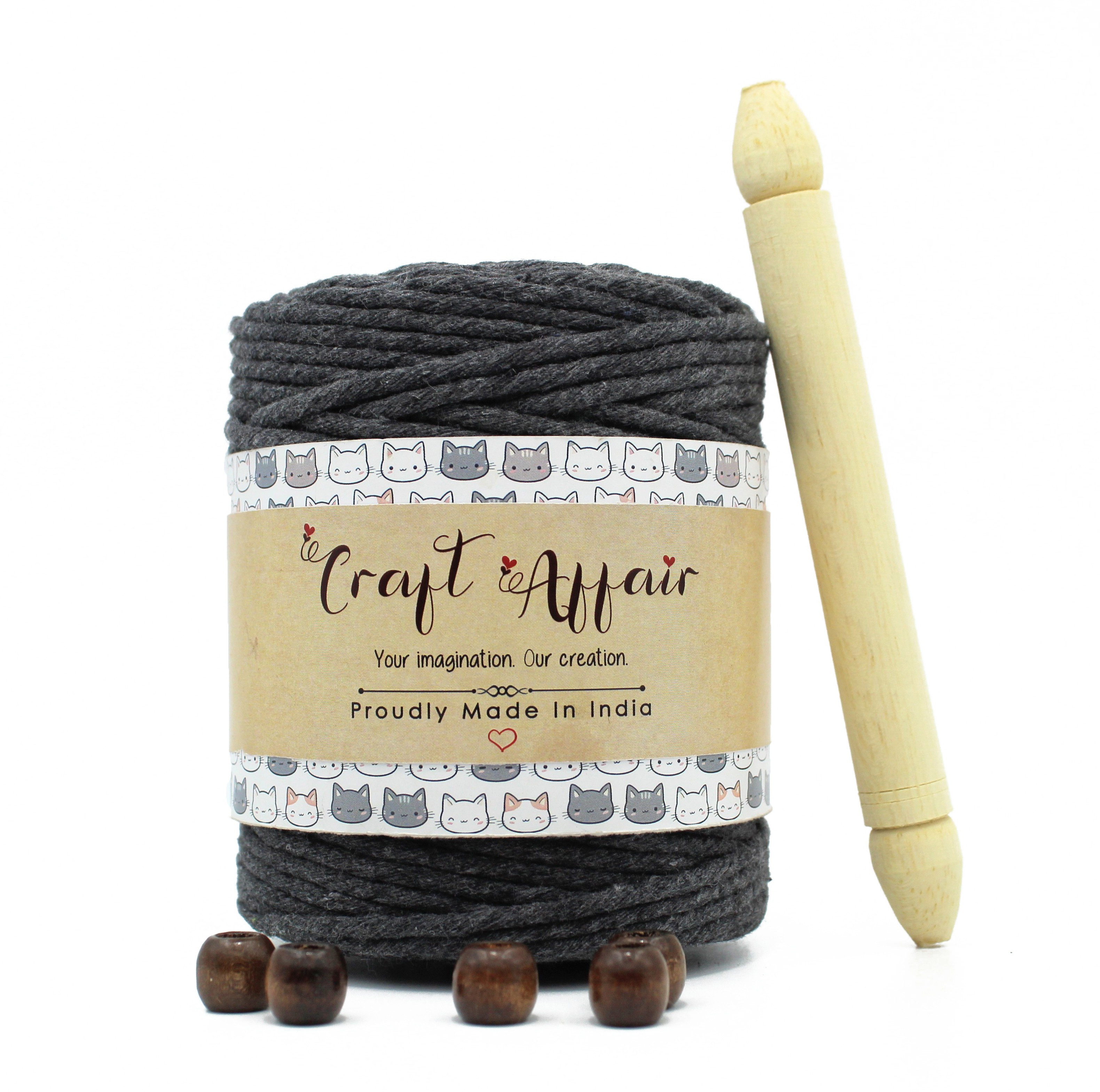 craft affair | Single Strand Cotton Macrame Cord (100 M, 3mm) | DIY-Project - Charcoal Charcoal image 1