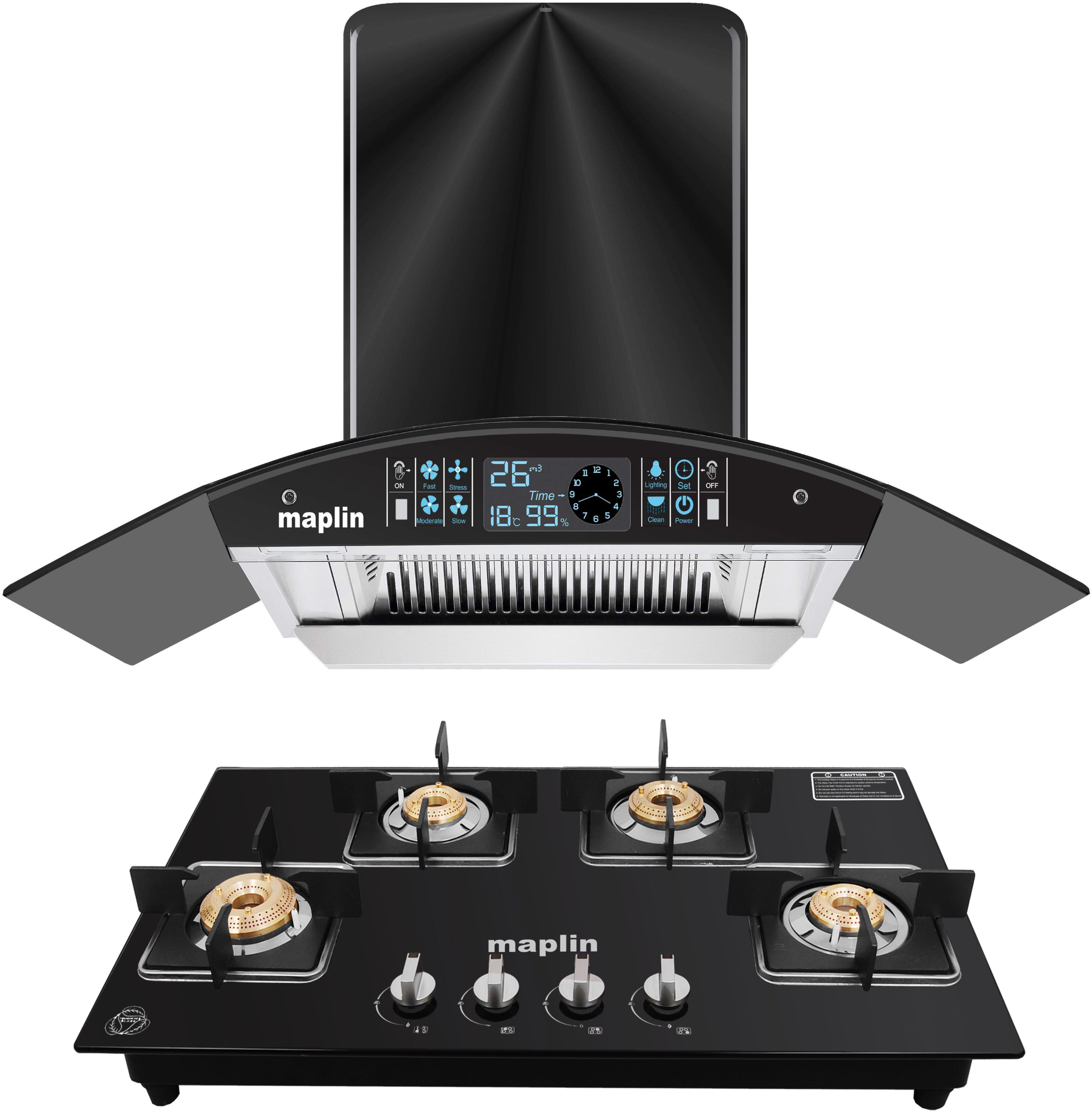 Combo of Gas Cooktop GH04 and SS90 Auto Clean Wall Mounted Black 1400 CMH Chimney-image-8