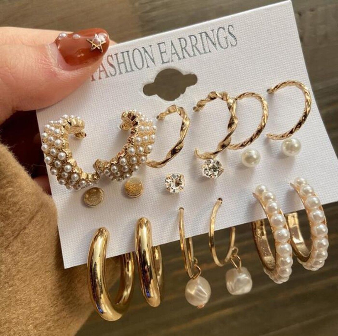 Combo 9 Pair Stunning White Gold Plated Pearl Alloy Hoop Earring-image-38