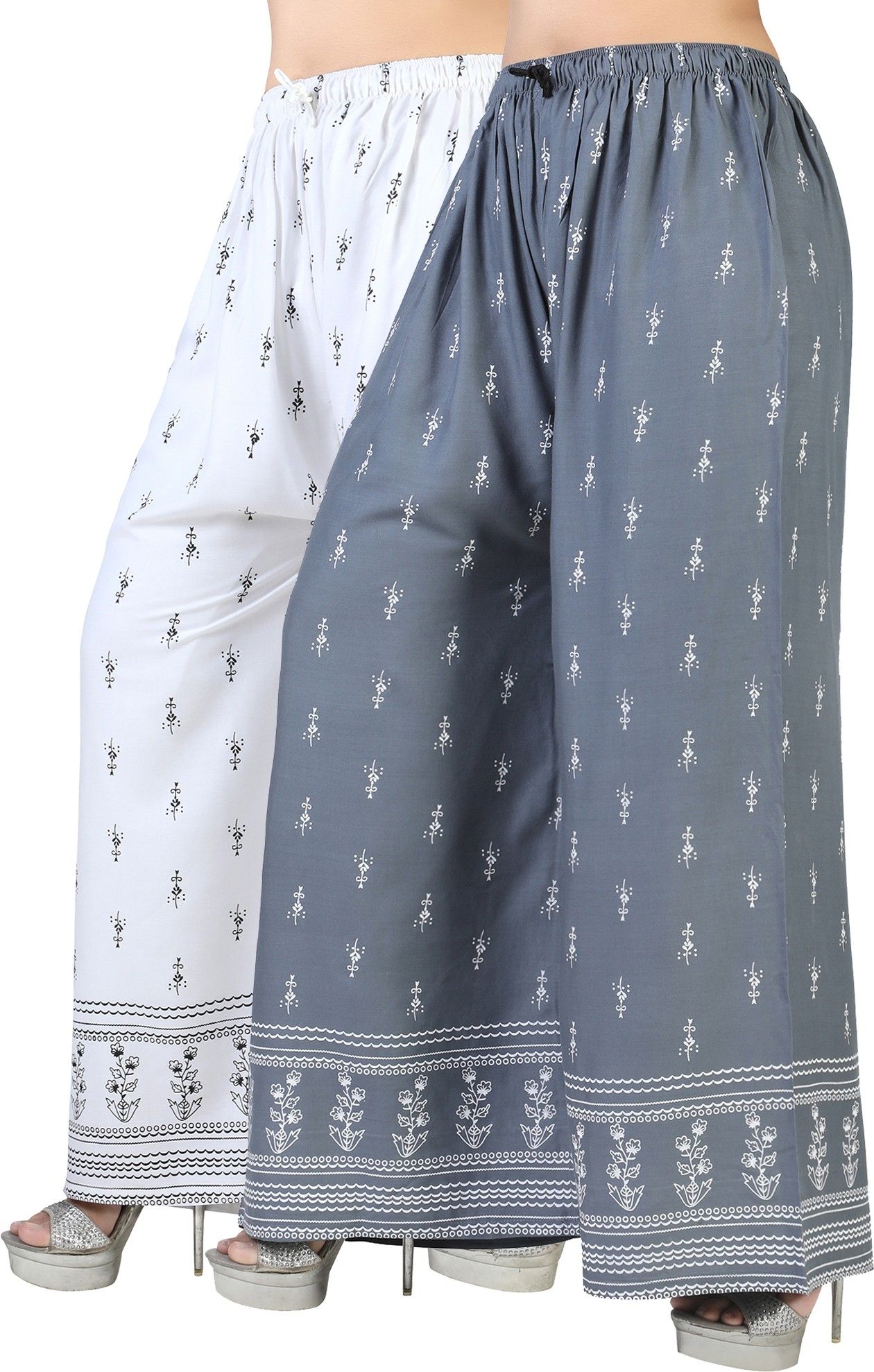 Pack of 2 Women Flared Grey, White Viscose Rayon Trousers-image-36