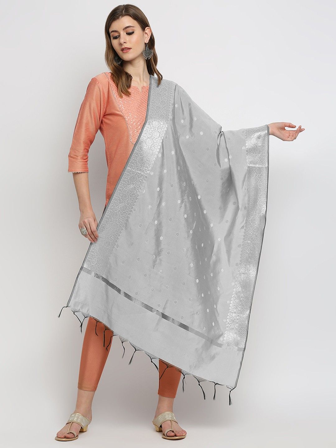 Silk Blend Woven Silver Women Dupatta-image-1