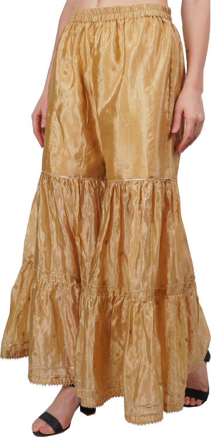 Women Flared Gold Silk Blend Trousers