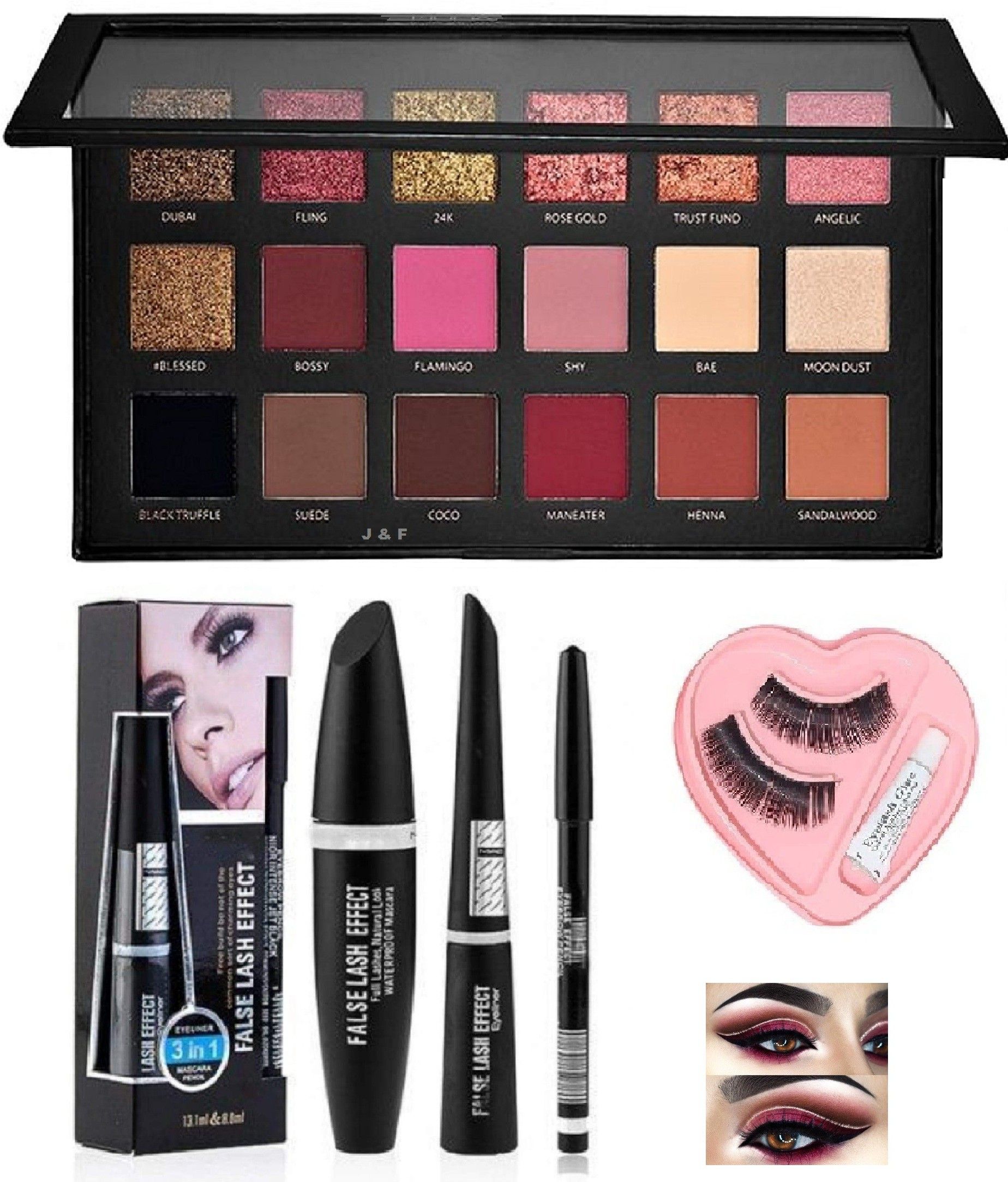 hinshitshu Rose Gold Eyeshadow , 3 in 1 Eyeliner Mascara & Pencil With Eyelashes-picture-48