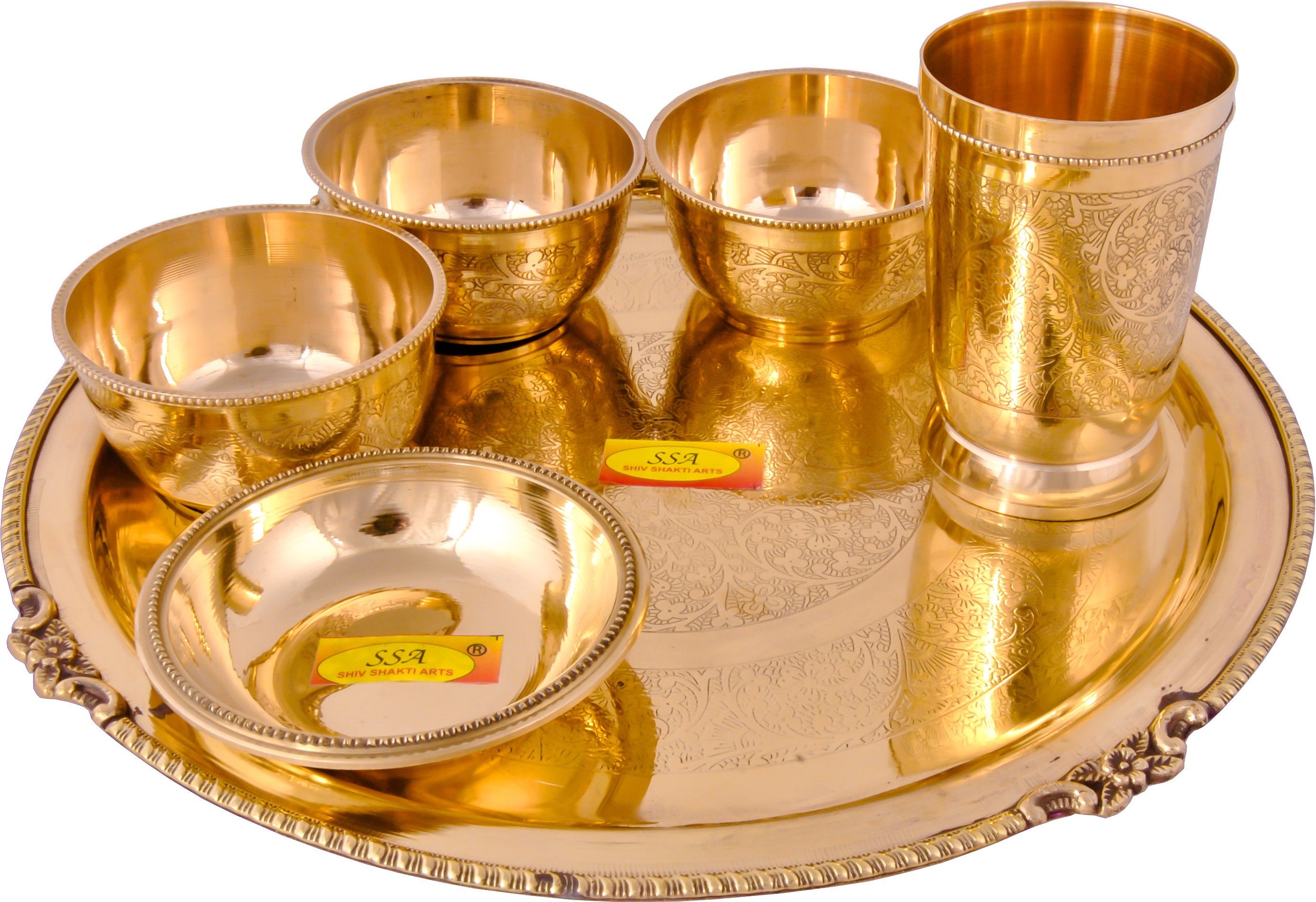 shivshakti arts Pack of 6 Brass Pure Brass Thali Set | Dinner Set | 6 Pc (Eatching Design l Dinnerware Set. Dinner Set-picture-18