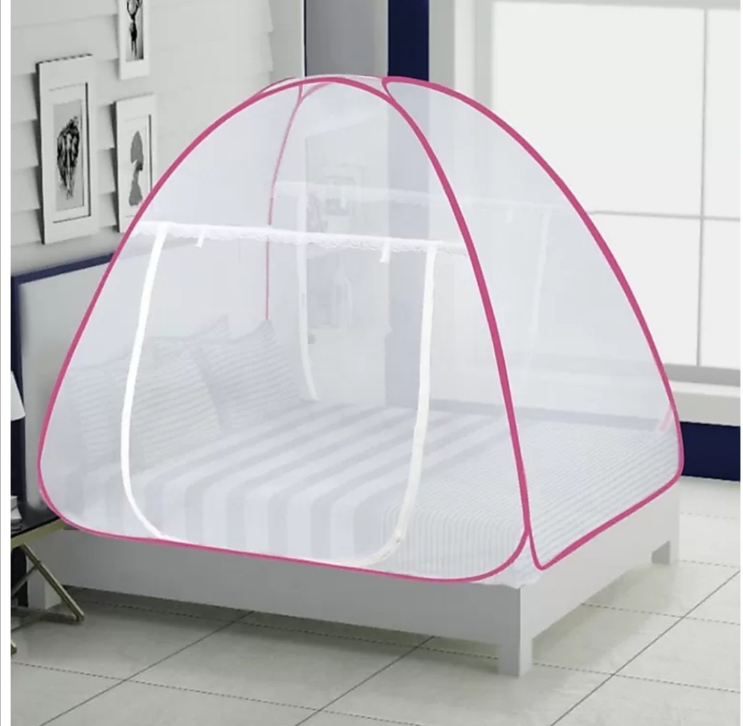 roxan Polyester Kids Washable Polyester Adults Folding Double Bed Mosquito Net (Pink, Whi Mosquito Net image 1