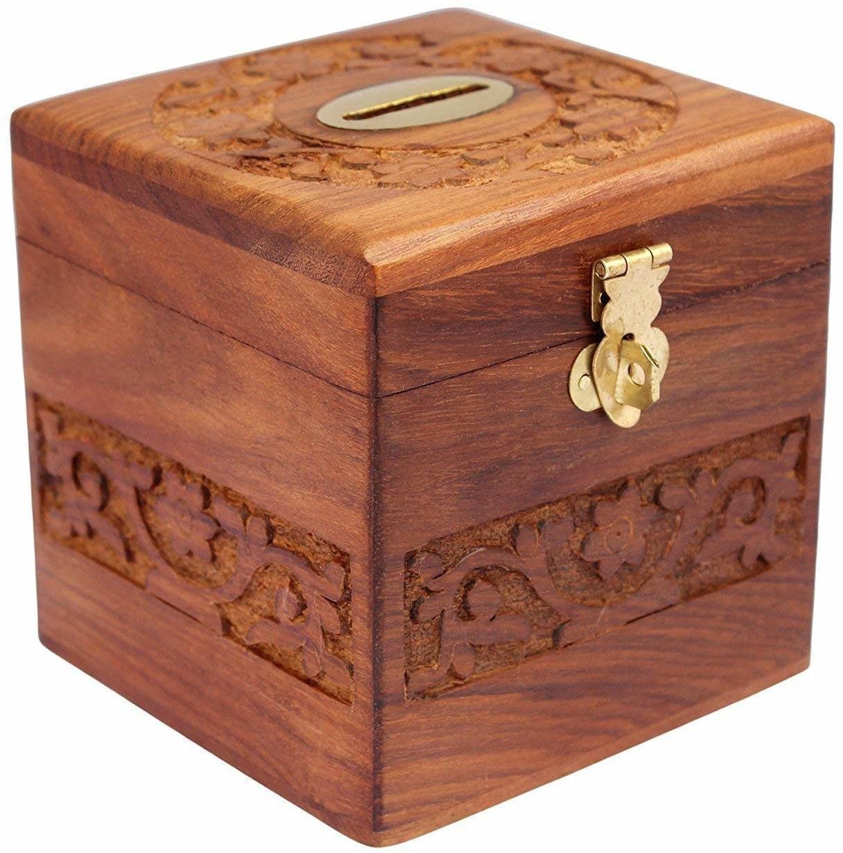 rozemart Beautiful Children Wooden Handcrafted Money Bank Square Shaped Coin Cash Box-picture-40