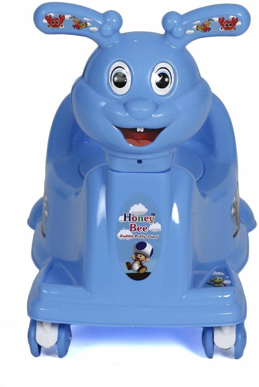 Rabbit Style Potty Seat Cum Rider with Wheel and Removable Bowl for Kids (Blue) Potty Seat