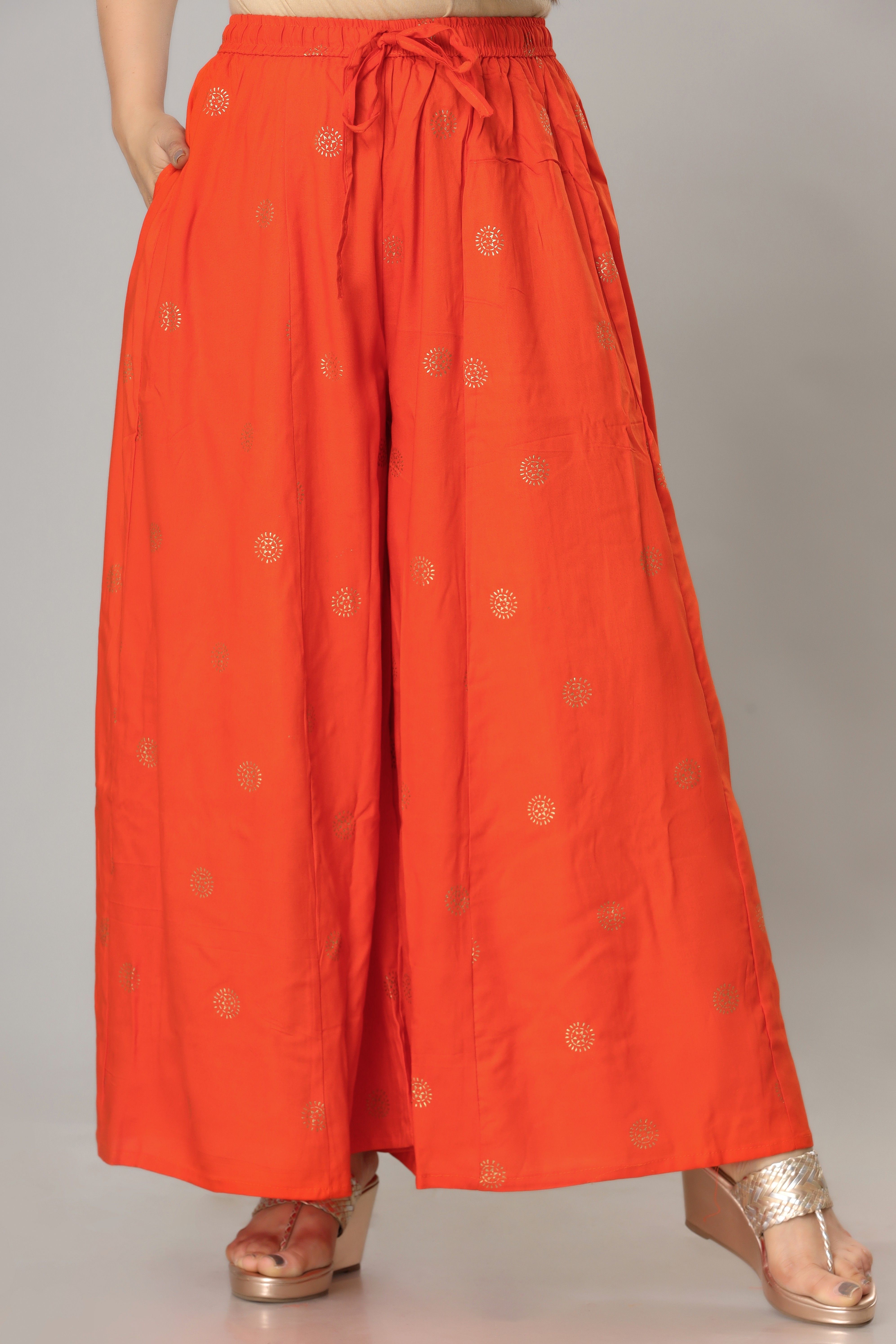 Women Regular Fit Orange Cotton Silk Trousers-image-2