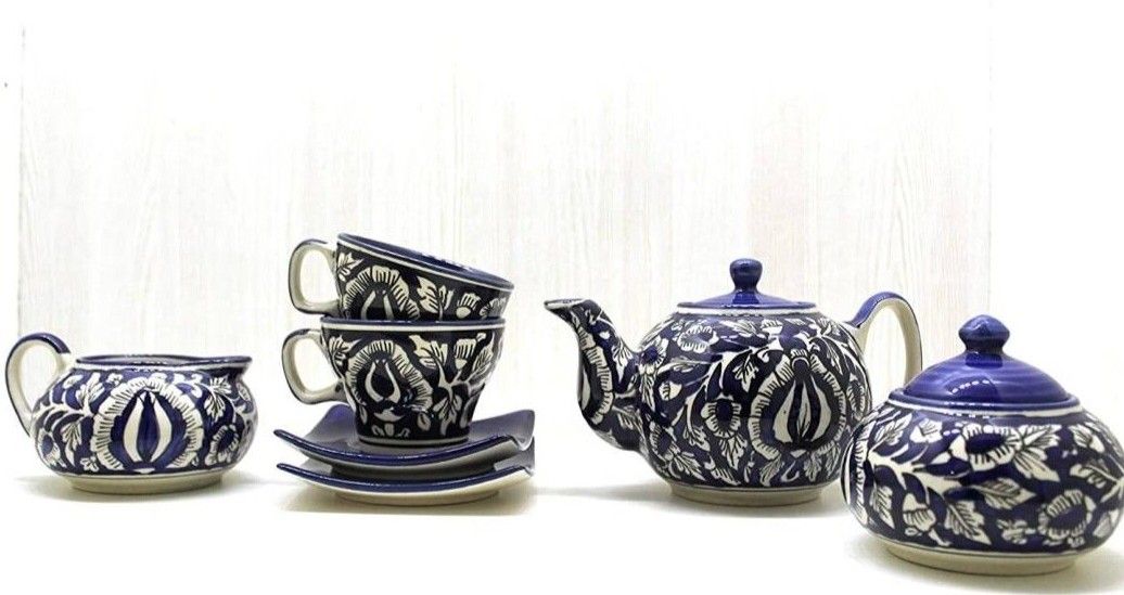 mirakii Ceramic Handmade Blue Printed Tea Set of 9 Pieces, Made in India, Set of 2 Tea Cup and Coaster with Tea, Milk and Sugar Pot Tea Urn-picture-45