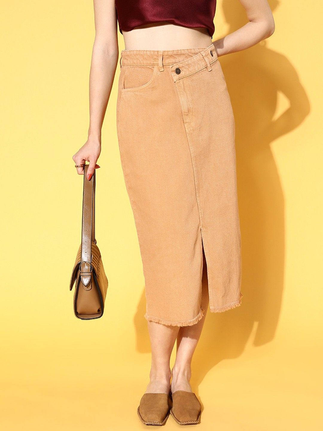 Women Solid Wrap Around Beige Skirt-image-5