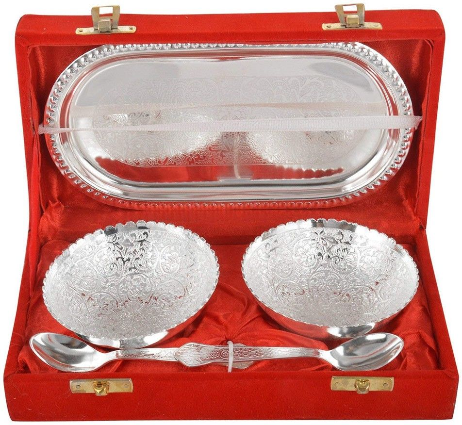 safeseed Royal Silver Plated Serving Bowl Set For Gifting in Diwali, Wedding Bowl, Spoon, Tray Serving Set-picture-17