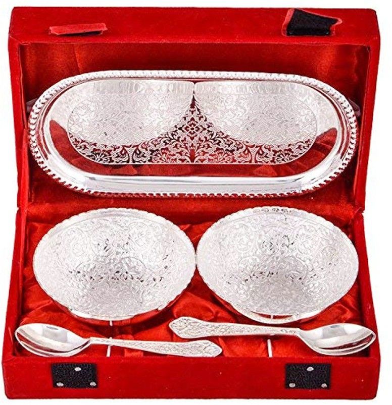 wanzhow German Silver Plated Bowl Set Bowl, Spoon, Tray Serving Set-picture-10