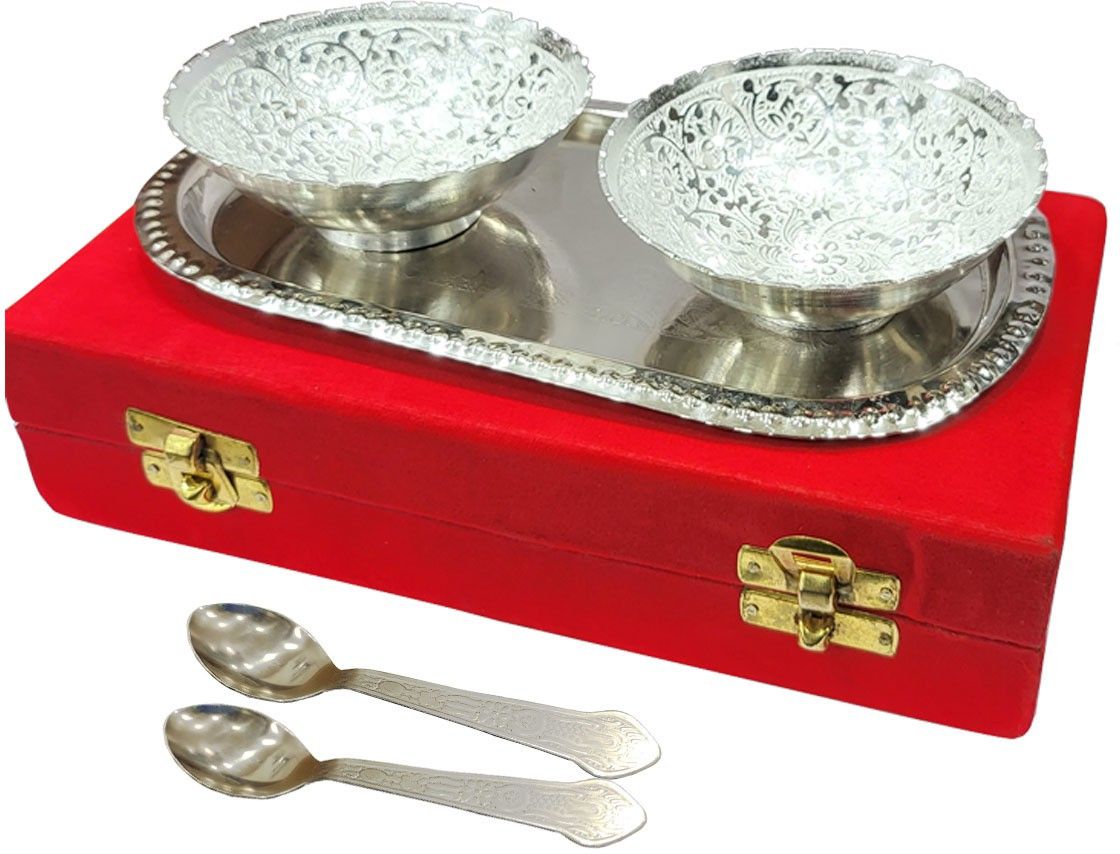 safeseed Silver Plated Set Antique Design Bowl For ice-cream, Diwali Gift Item Bowl Bowl, Spoon, Tray Serving Set-picture-10