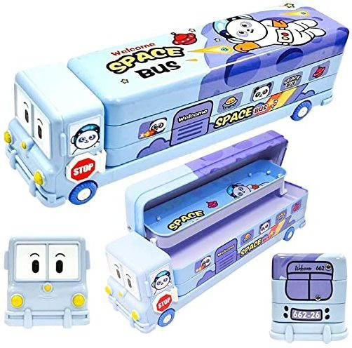 sr toys Space Printed School Bus Matal Pencil Box with Sharpner for Kids (Multicolor) image 1
