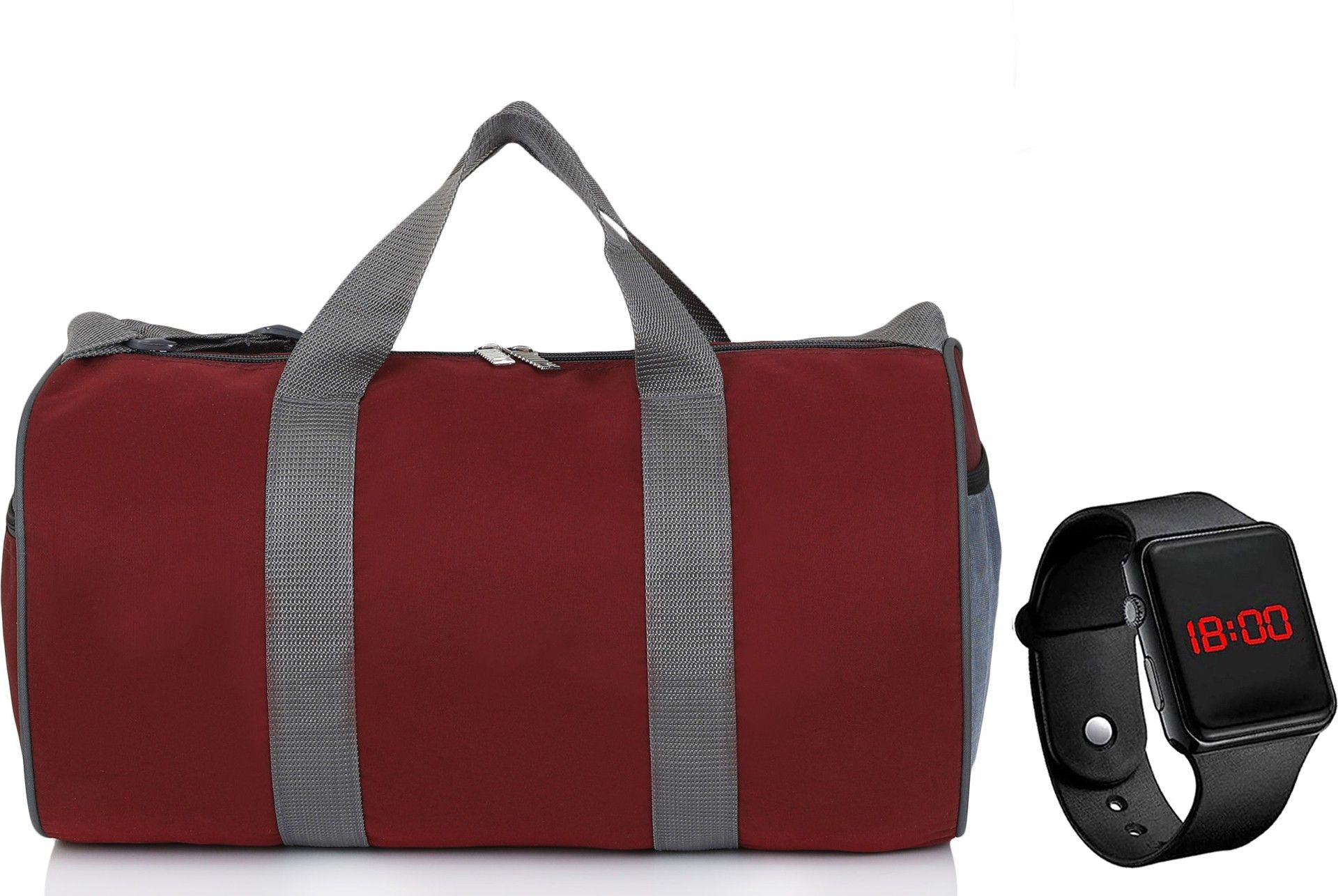 20 L Gym Duffel Bag - Polyester duffle bag with zip closure gym bag travel bag kit bag & digital watch - Maroon-image-31